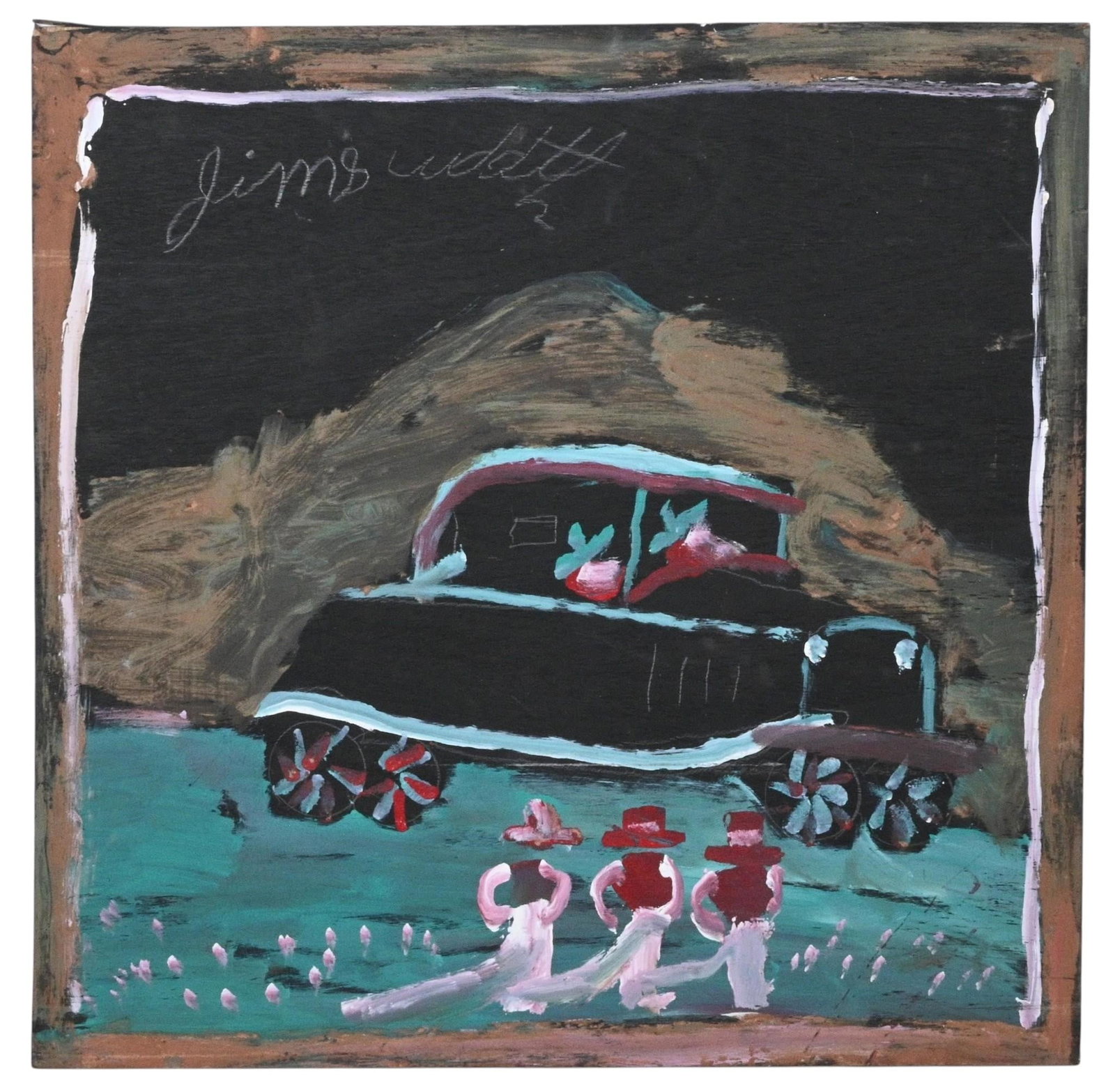 Jimmie Lee Sudduth. Black Car at Night: Jimmie Lee Sudduth. (1910-2007) Black Car at Night. Signed. Paint and mud on thin board. Southern self taught folk art painting depicting a large vintage black automobile against a mountainous