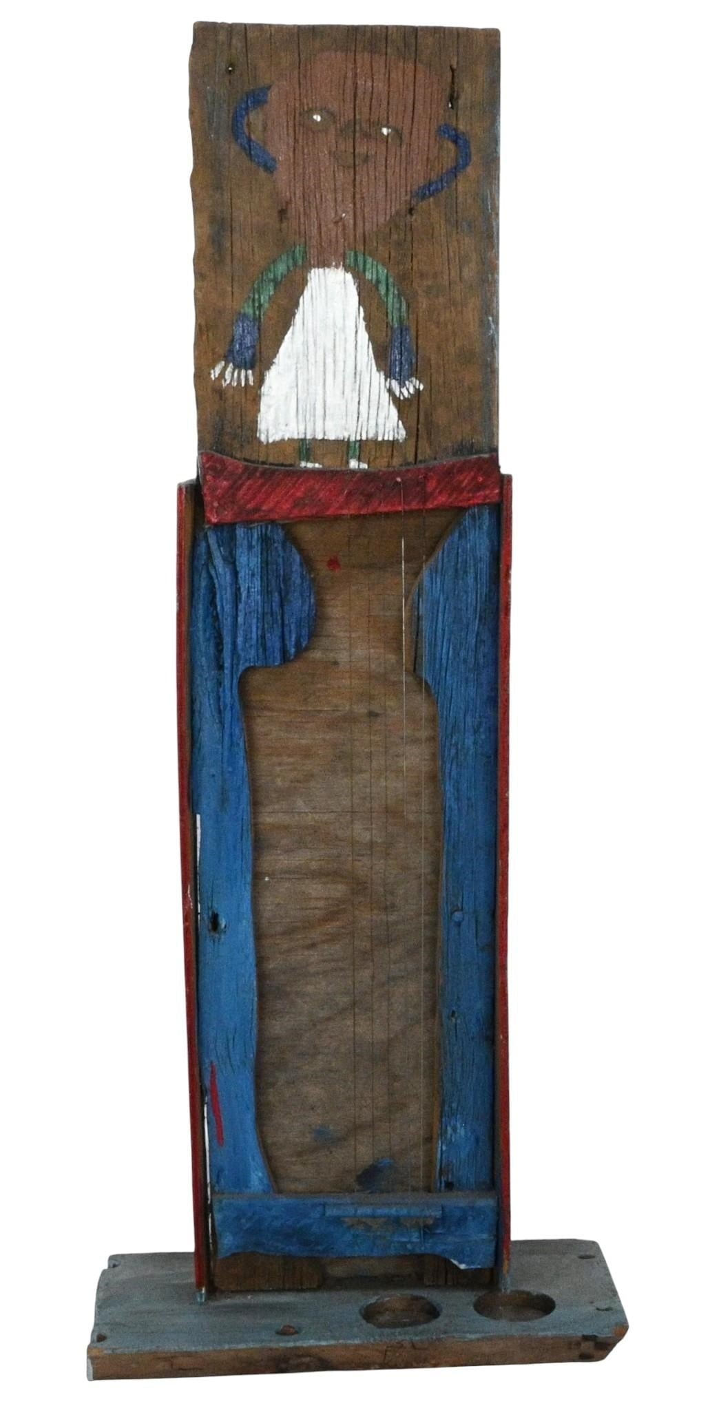 James "Buddy" Snipes. Figural String Instrument Sculpture: James "Buddy" Snipes. (1943-2026) Figural String Instrument Sculpture. Not Signed. Painted found wood and wired string. Unusual assemblage folk art string instrument constructed from weathered and