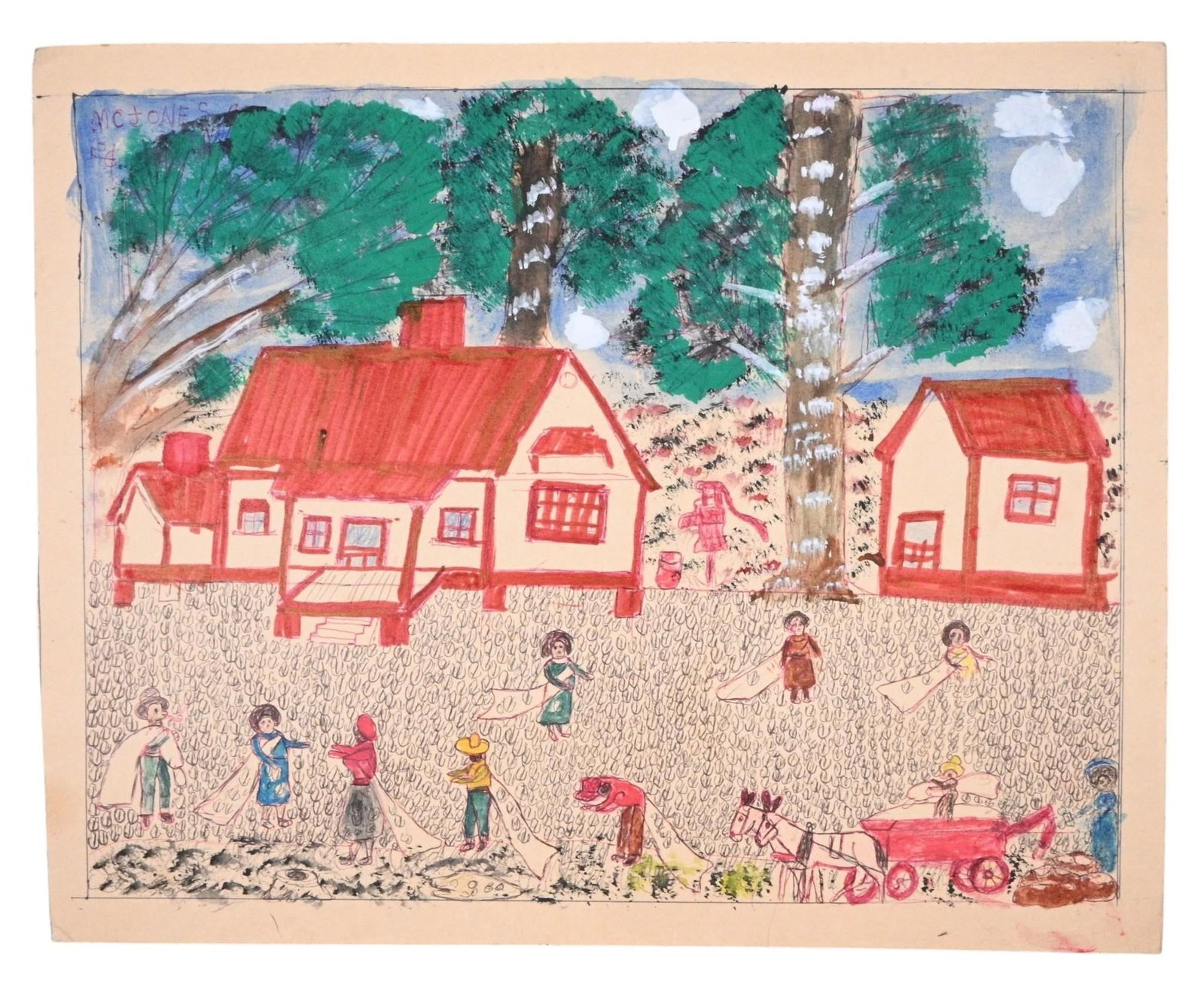 MC 5 Cent Jones. Cotton Picking Drawing: MC 5 Cent Jones. (1917-2003) Cotton Picking Drawing. Signed. Paint and ink on poster board paper. Good condition. Size: 16" H x 20" W. Provenance: Collection of Micki Beth Stiller. Montgomery, AL.