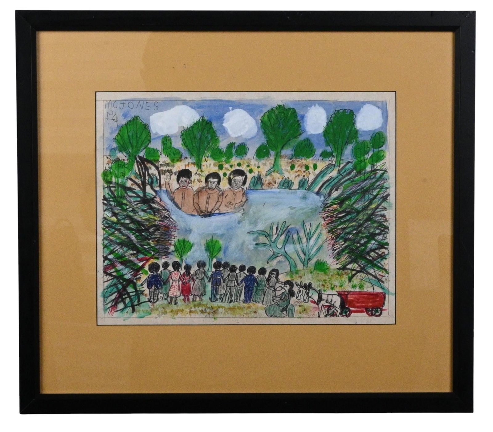 MC 5 Cent Jones. The Baptism Drawing: MC 5 Cent Jones. (1917-2003) The Baptism Drawing. Signed. Paint and ink on paper framed behind glass. Excellent condition. Size: 11" H x 14" W. Size with Frame: 17.5" H x 19.75" W. Provenance: Collect