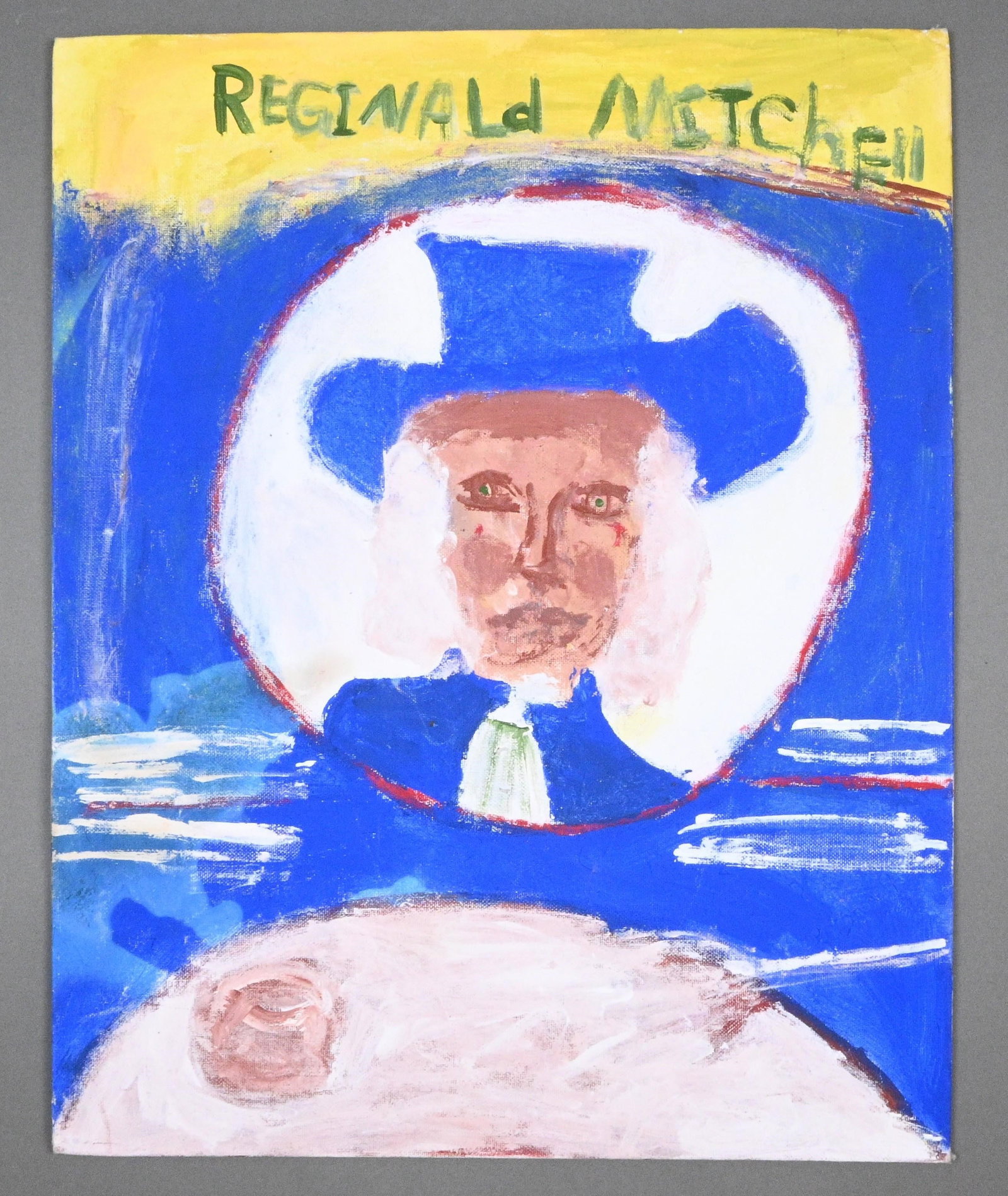 Reginald Mitchell. Quaker Oats Man: Reginald Mitchell. (1959-2019) Quaker Oats Man. Signed. Acrylic on canvas panel. Good condition. Size: 20" H x 16" W. Provenance: Collection of Micki Beth Stiller. Montgomery, AL. Est. $200 - $400.