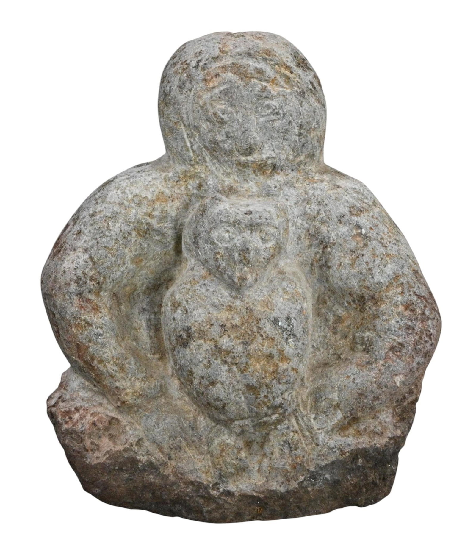 Charles Archer. Stone Sculpture of Woman with Child: Charles Archer. Stone Sculpture of Woman with Child. Initialed on bottom. Carved stone. Comes with stand. Carved stone folk sculpture depicting a large seated mother figure embracing or sheltering a s