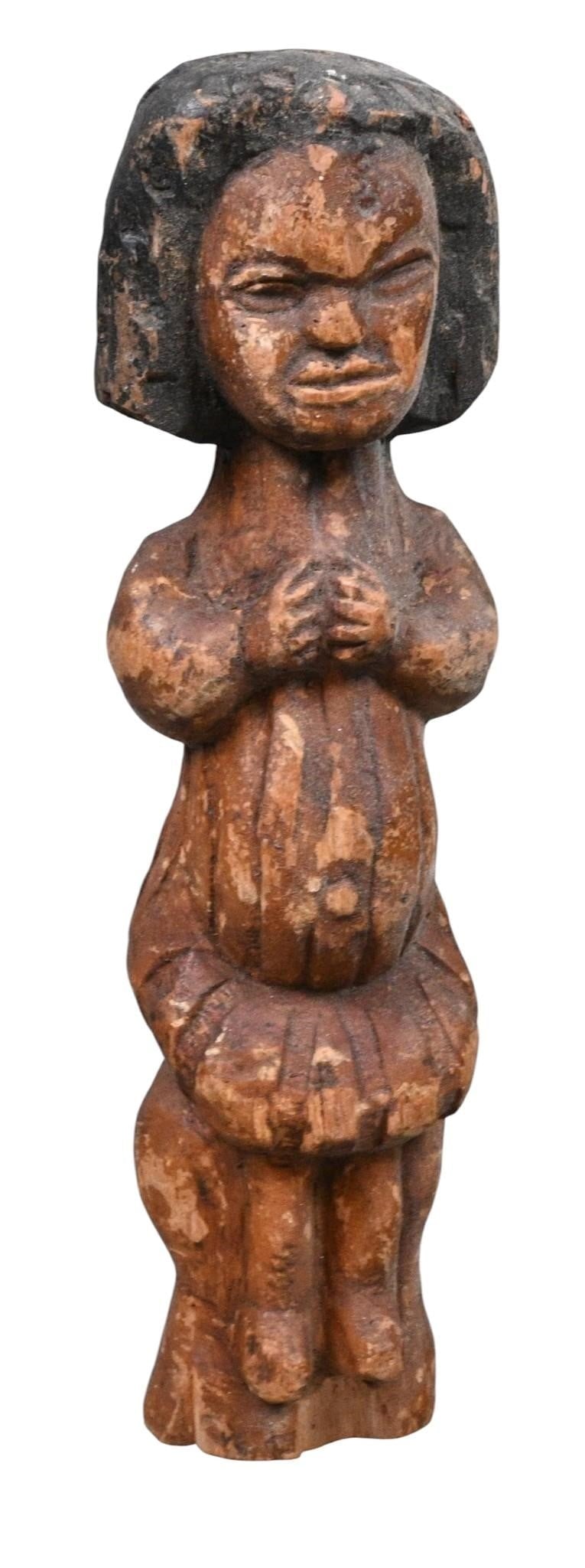 Hand Carved Female Wooden Figure with Original Patina: Hand Carved Female Wooden Figure with Original Patina. Hand carved hardwood figure depicting a stylized standing female with folding hands, carved bobbed hairstyle, and expressive facial features.