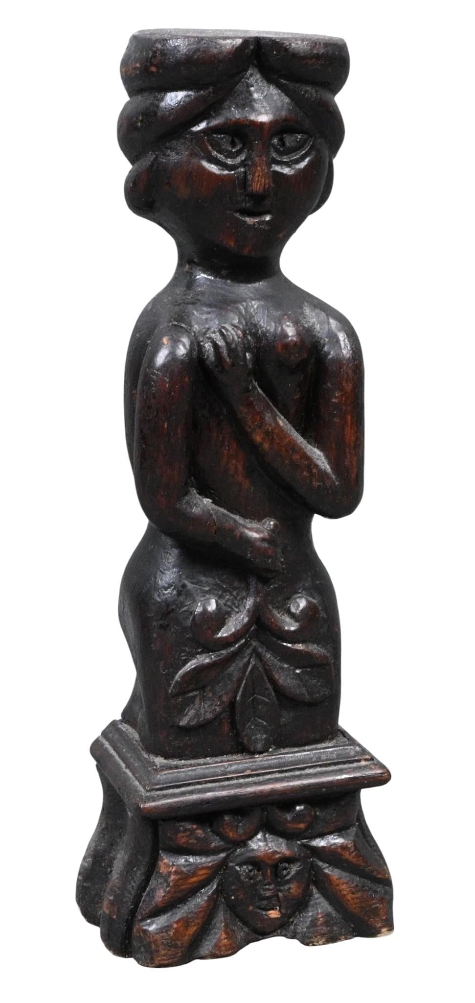 Hand Carved Wooden Female Figural Architectural Ornament: Hand Carved Wooden Female Figural Architectural Ornament. Antique hand carved hardwood figural ornament depicting a standing female figure in a classical pose atop a pedestal with a carved grotesque