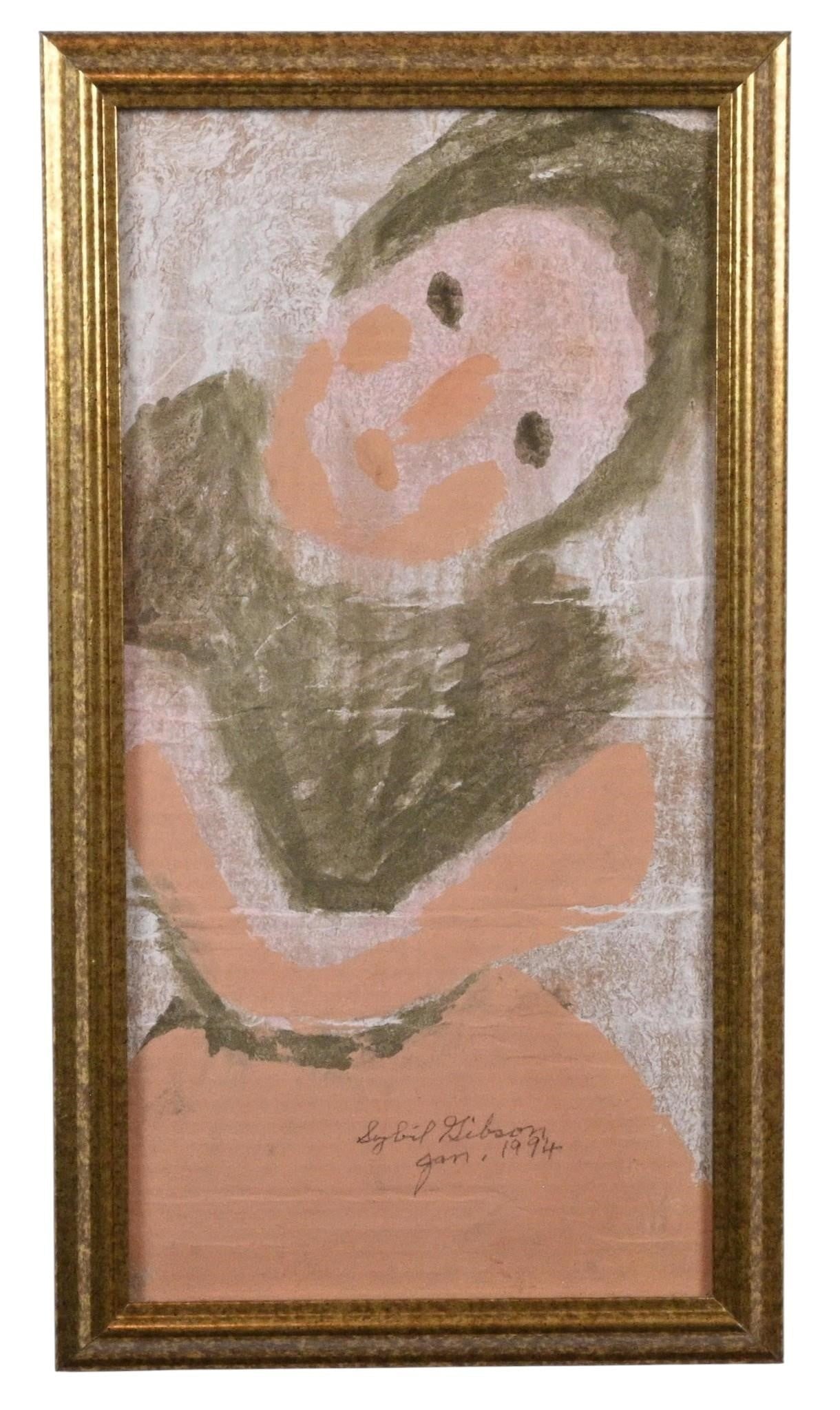 Sybil Gibson. Portrait of a Woman: Sybil Gibson. (1908-1995) Portrait of a Woman. 1994. Signed and Dated. Watercolor on paper bag. Expressive folk art portrait of a woman, rendered in broad, simplified forms. Presented framed under