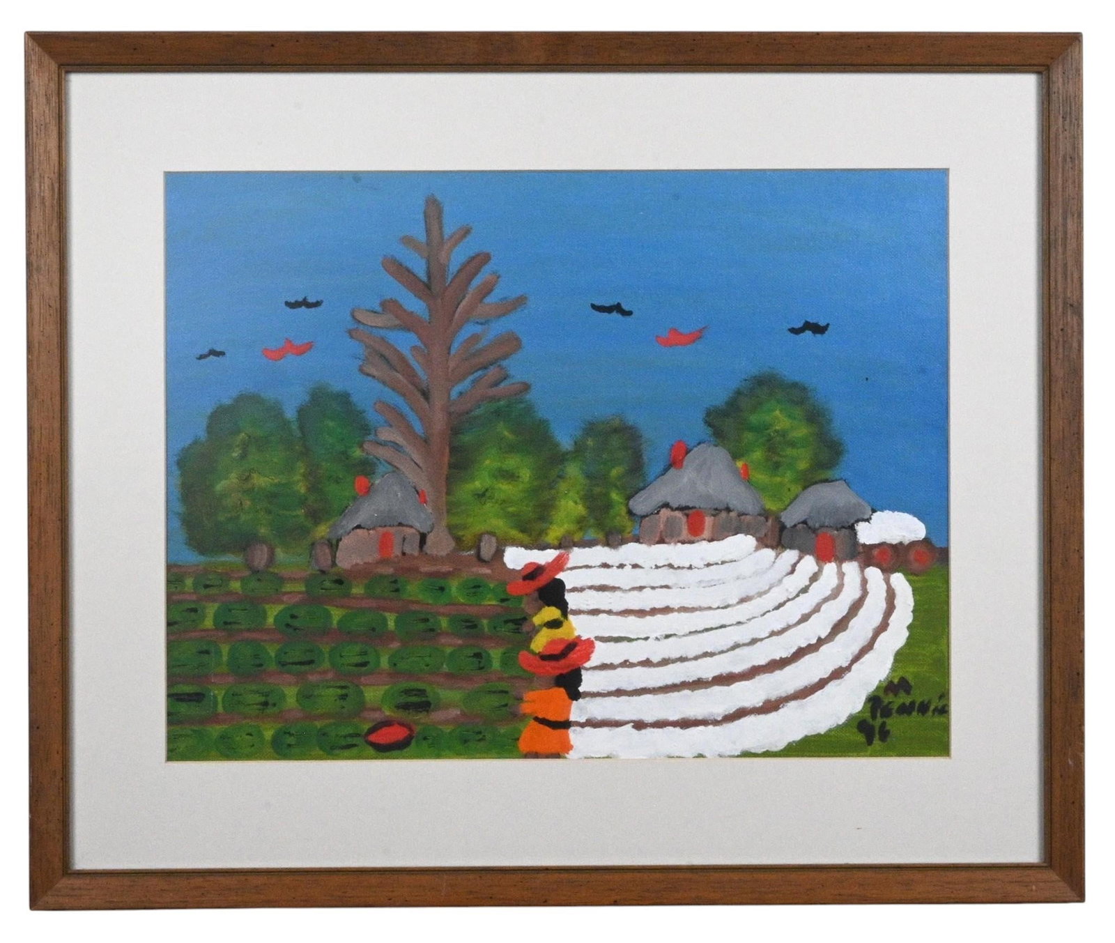 Matilda Pennic. Rural Farm Scene with Cotton Fields Painting: Matilda Pennic. (b. 1956) Rural Farm Scene with Cotton Fields Painting. 1996. Signed and Dated. Paint on canvas board presented under glass with matting. Southern folk art painting depicting a rural