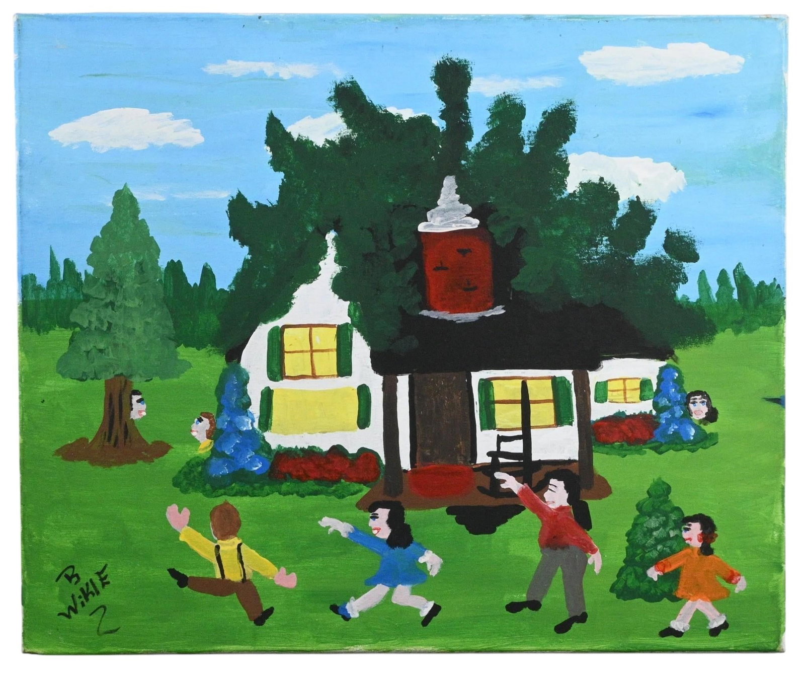Barbara Wikle. Children Playing in the Yard Painting: Barbara Wikle. (b.1938) Children Playing in the Yard Painting. Signed. Paint on canvas. Good condition. Some surface grim. Size: 20" H x 24" W. Provenance: From the Collection of William Cunningham