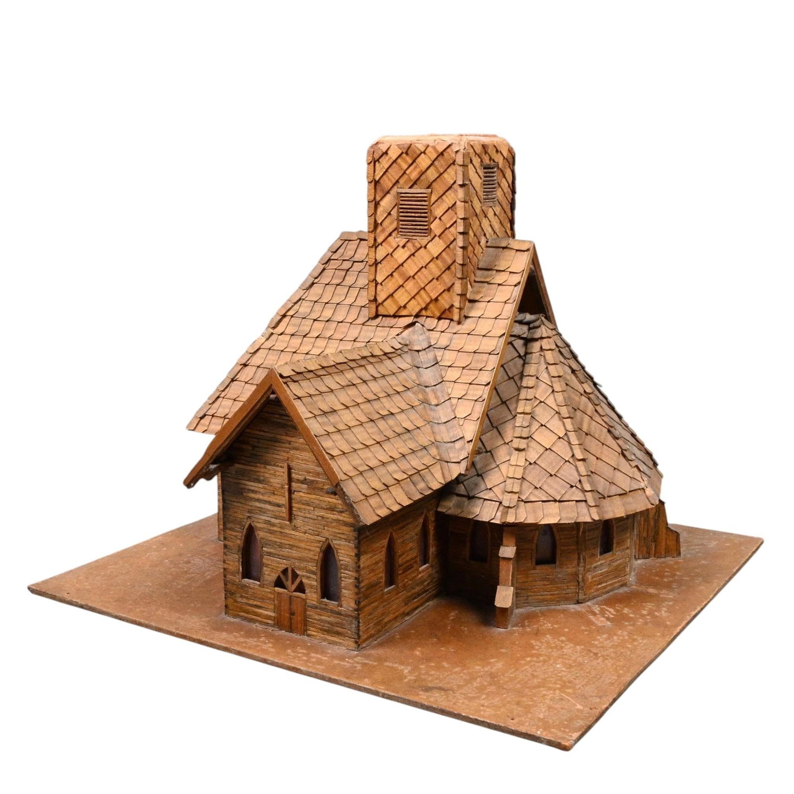 Handcrafted Folk Art Wooden Church Architectural Model: Handcrafted Folk Art Wooden Church Architectural Model. Finely handcrafted wooden architectural model depicting a country church with an attached bell tower. Constructed with individually carved
