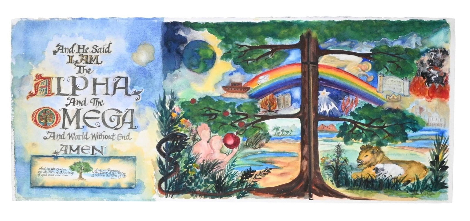 Loretta Strohmeyer. Alpha And The Omega Watercolor: Loretta Strohmeyer. (1930-2018) Alpha And The Omega Watercolor. 1996. Signed and Dated. Watercolor and ink on thick watercolor paper. Oregon artist who was known for her beautiful calligraphy and wate