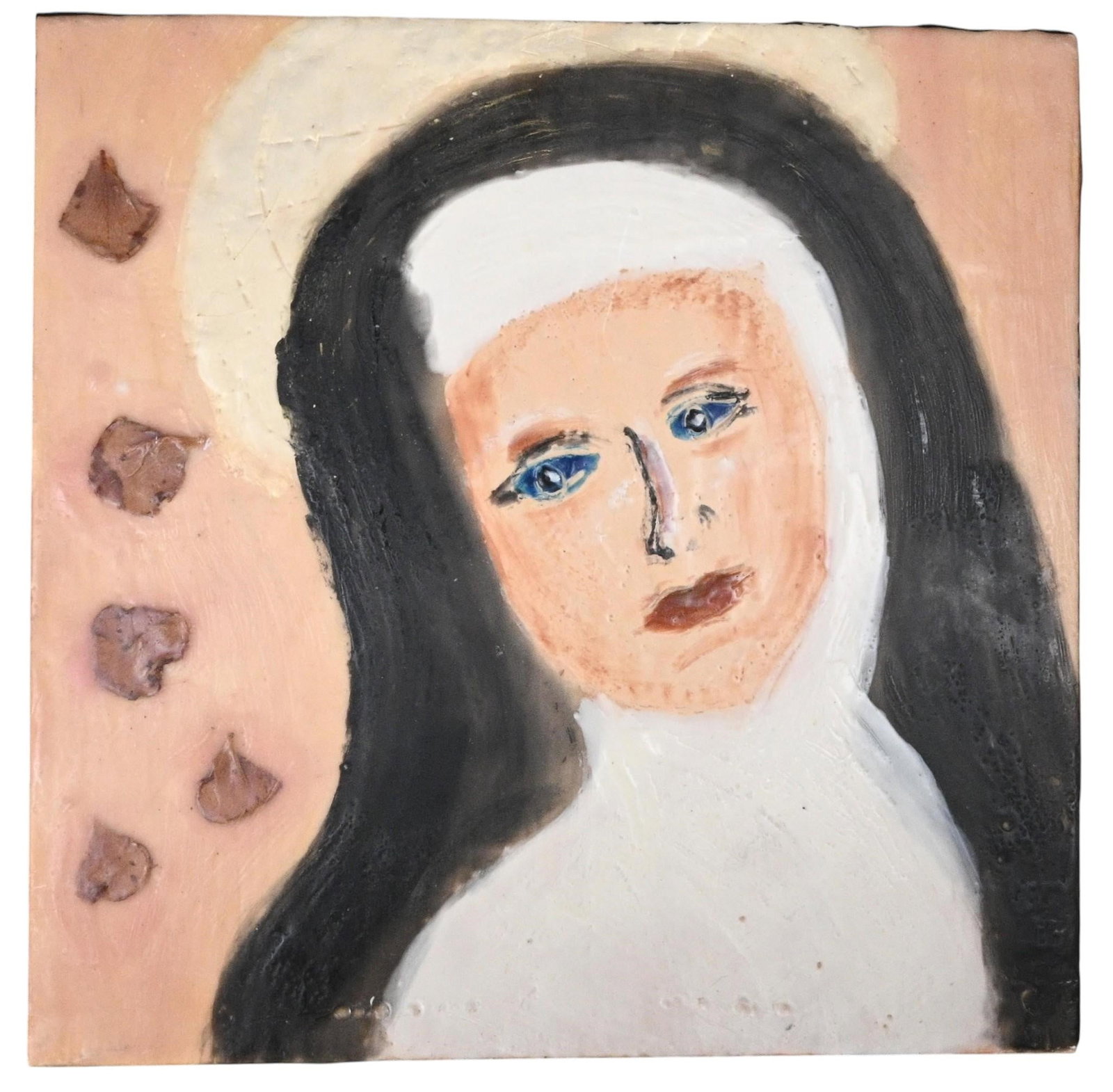 Encaustic Nun Painting: Encaustic Nun Painting. Not signed. Heated beeswax mixed with colored pigments on a wooden board. Good condition. A few surface marks. Size: 12" H x 12.25" W. Provenance: Private North Carolina