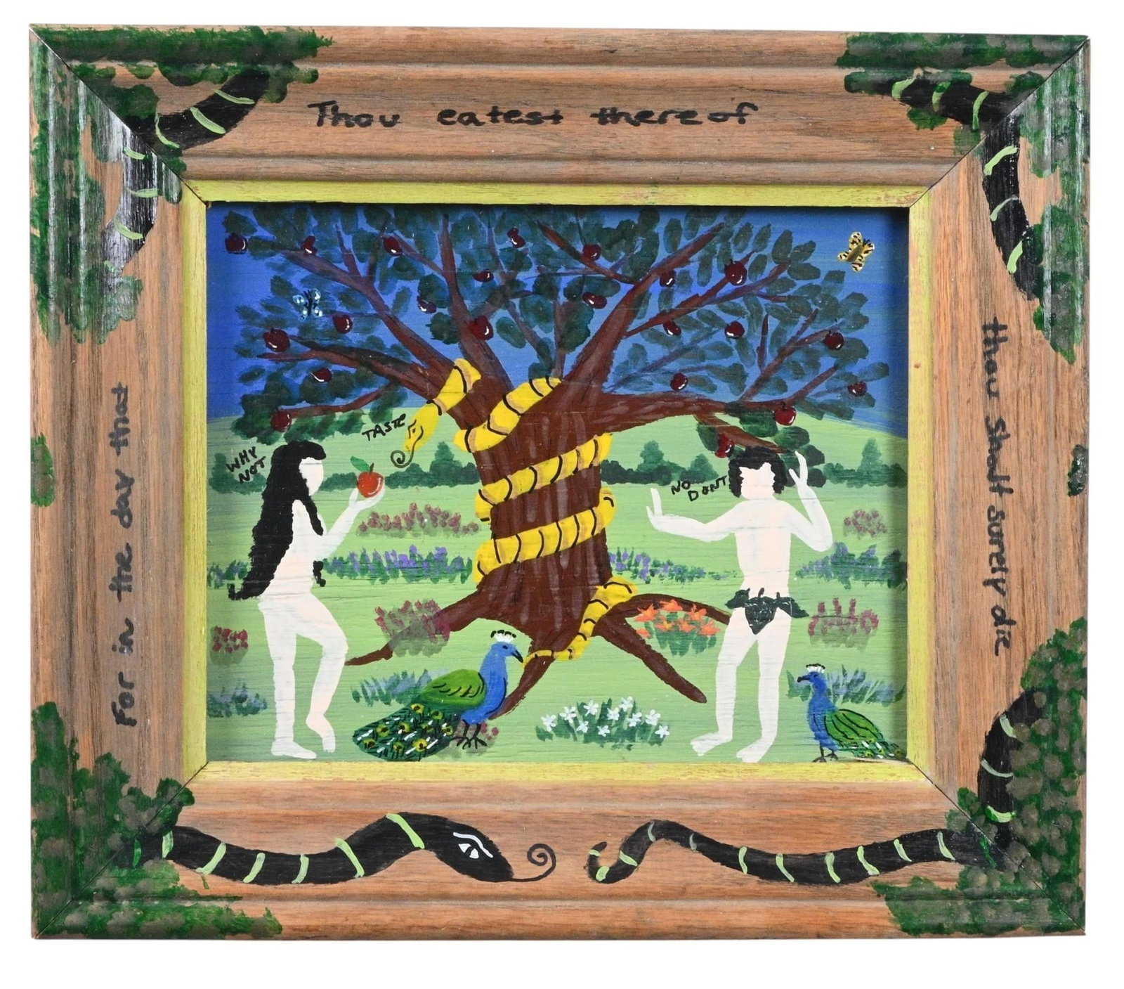 Myrtle. Adam & Eve with Serpent Biblical Folk Art Painting: Myrtle. Adam & Eve with Serpent Biblical Folk Art Painting. 2003. Signed and Dated. Paint on wood panel with artist painted frame. Colorful folk art painting depicting Adam and Eve at the Tree of