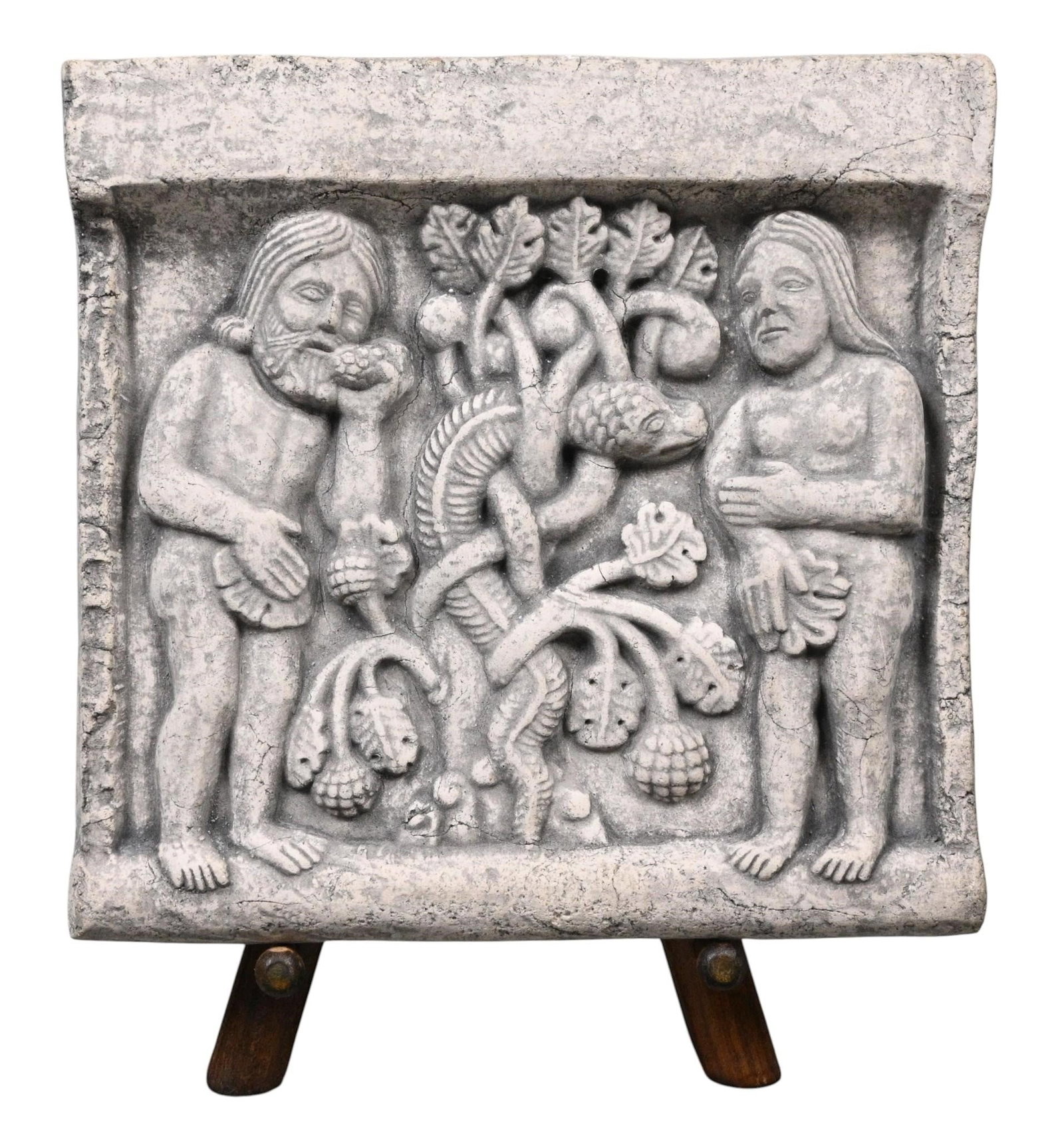 Romanesque "Adam and Eve" Relief Plaque After a 12th Century Girona, Spain Original: Romanesque "Adam and Eve" Relief Plaque After a 12th Century Girona, Spain Original. Cast relief plaque depicting Adam and Eve flanking the Tree of Knowledge with the serpent entwined through its bran