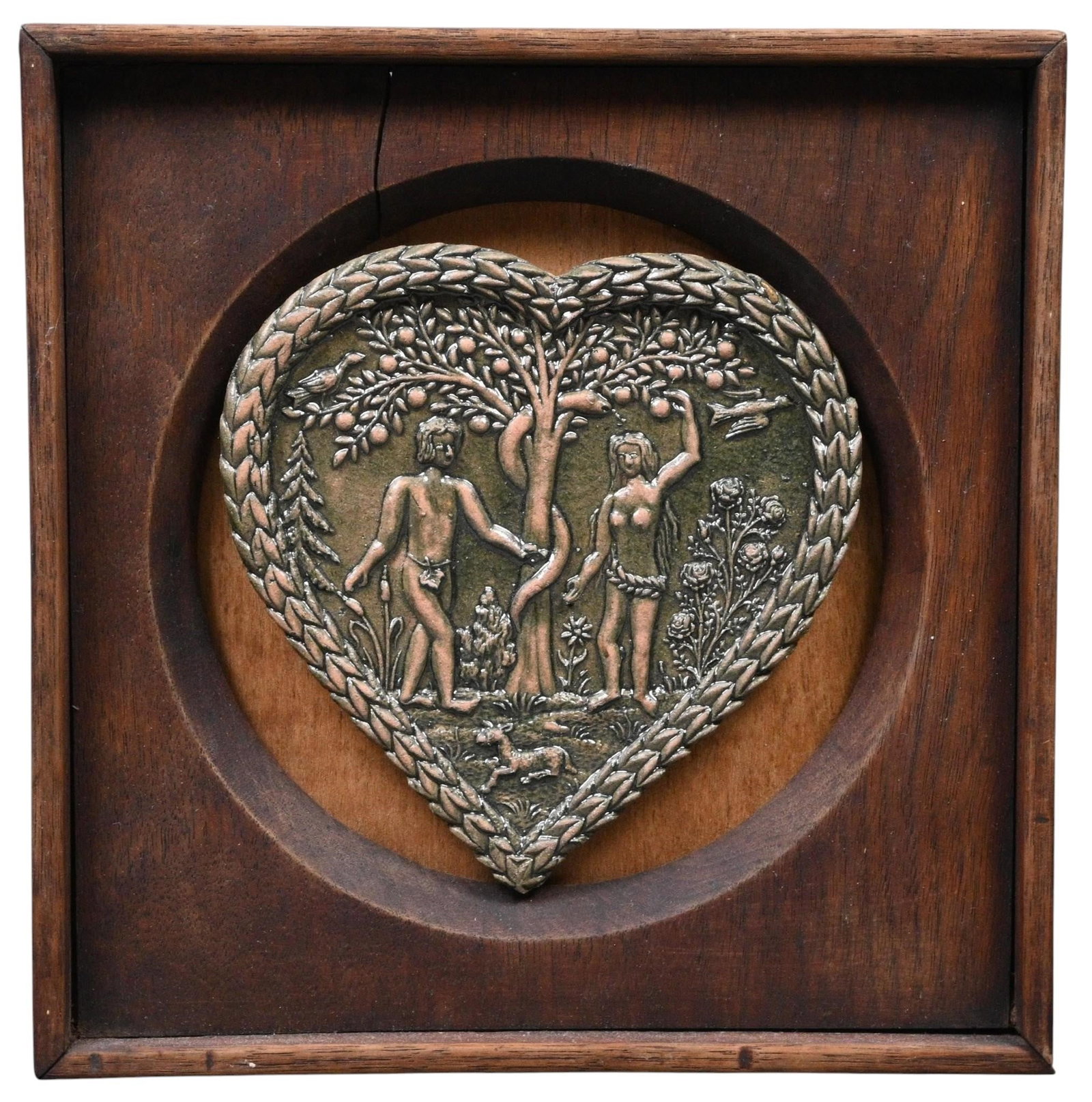 Adam & Eve Glazed Ceramic Relief Plaque Mounted in Walnut Panel: Adam & Eve Glazed Ceramic Relief Plaque Mounted in Walnut Panel. Not Signed. High relief glazed ceramic plaque depicting Adam & Eve in the Garden of Eden beneath the Tree of Knowledge with the serpent