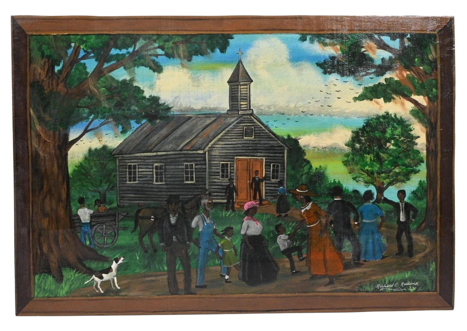 Richard Roebuck. Sunday at the Country Church: Richard Roebuck. (b. 1960) Sunday at the Country Church. 2026. Signed and Dated. Paint on plywood with painted frame border. A peaceful Sunday gathering outside a rural Southern church by Richard