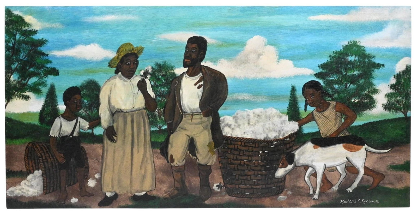 Richard Roebuck. African American Cotton Harvest: Richard Roebuck. (b. 1960) African American Cotton Harvest. Signed. Paint on thin panel board. A scene depicting an African American family during a cotton harvest in the rural south. Executed in Roeb