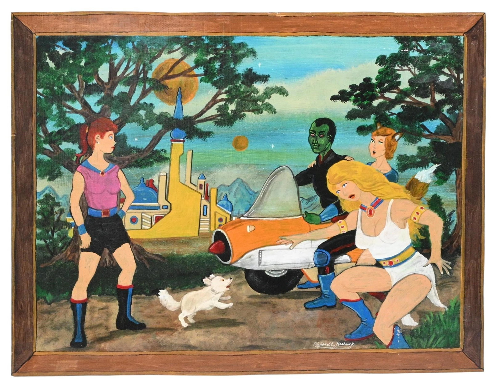Richard Roebuck. Space Adventure Painting: Richard Roebuck. (b. 1960) Space Adventure Painting. Signed. Paint on plywood with painted frame border. This imaginative composition depicts a colorful science fiction adventure featuring futuristic