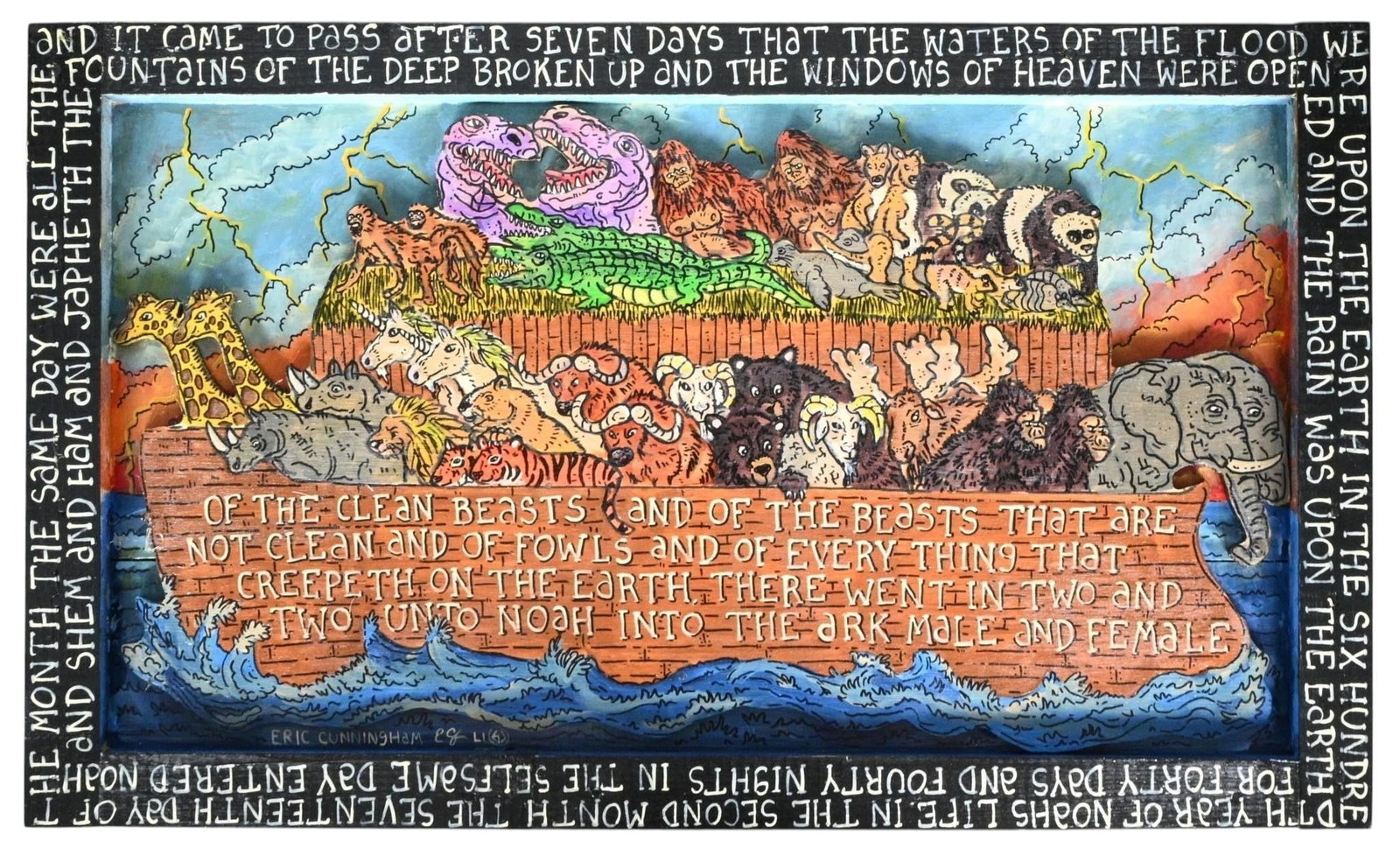Eric Cunningham. Noah's Ark: Eric Cunningham. (b. 1973) Noah's Ark. Created at age 51. Signed and Dated. Paint on heavy board. 3D cut out images. Biblical verse written along the perimeter of the artist made frame. "And It Came