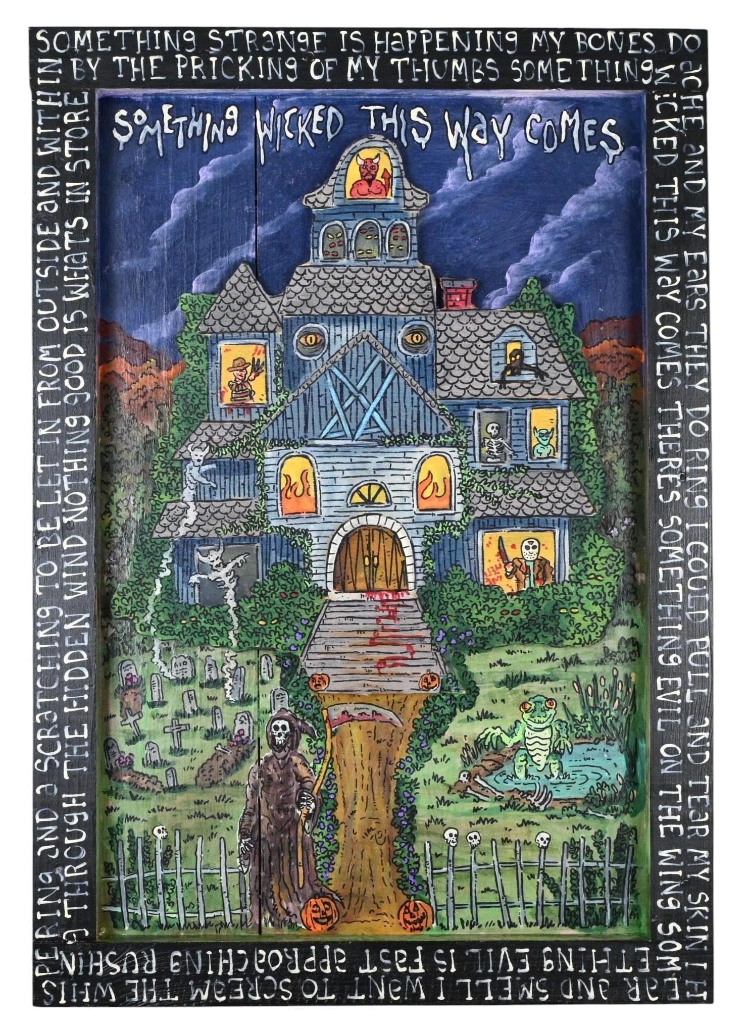 Eric Cunningham. Haunted House: Eric Cunningham. (b. 1973) Haunted House. Created at age 52. Signed and Dated. Paint on heavy board. 3D cut out images. Writing along the perimeter of the artist made frame. "Something Strange Is