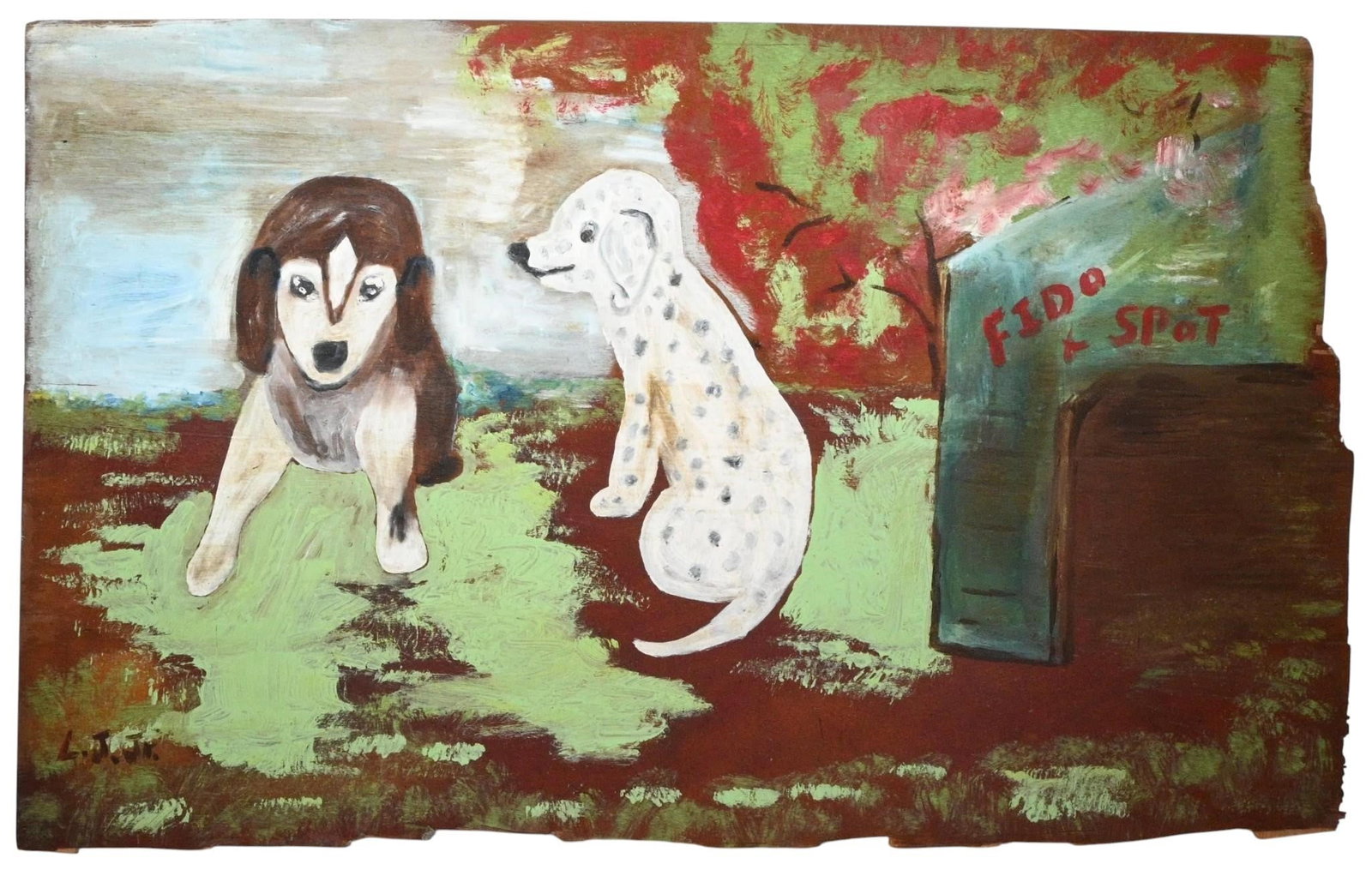 Leonard Jones. Fido and Spot: Leonard Jones. Fido and Spot. Circa 1995. Signed. Paint on rough cut of paneling. Early example with great color. Good condition. Size: 27" H x 44.5" W. Provenance: Private Florida Collection. Est.