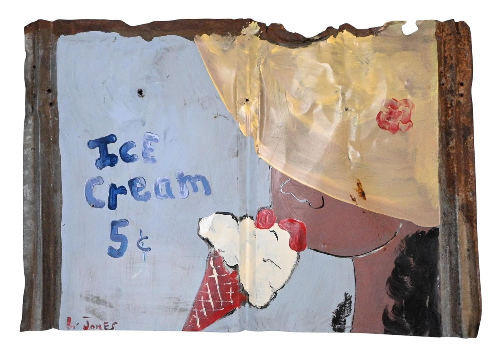 Leonard Jones. Woman Eating Ice Cream: Leonard Jones. (b. 1955) Woman Eating Ice Cream. Signed. Paint on weathered roofing tin. Leonard Jones paints memories of his rural childhood in Lincoln County, Georgia while staying connected to his