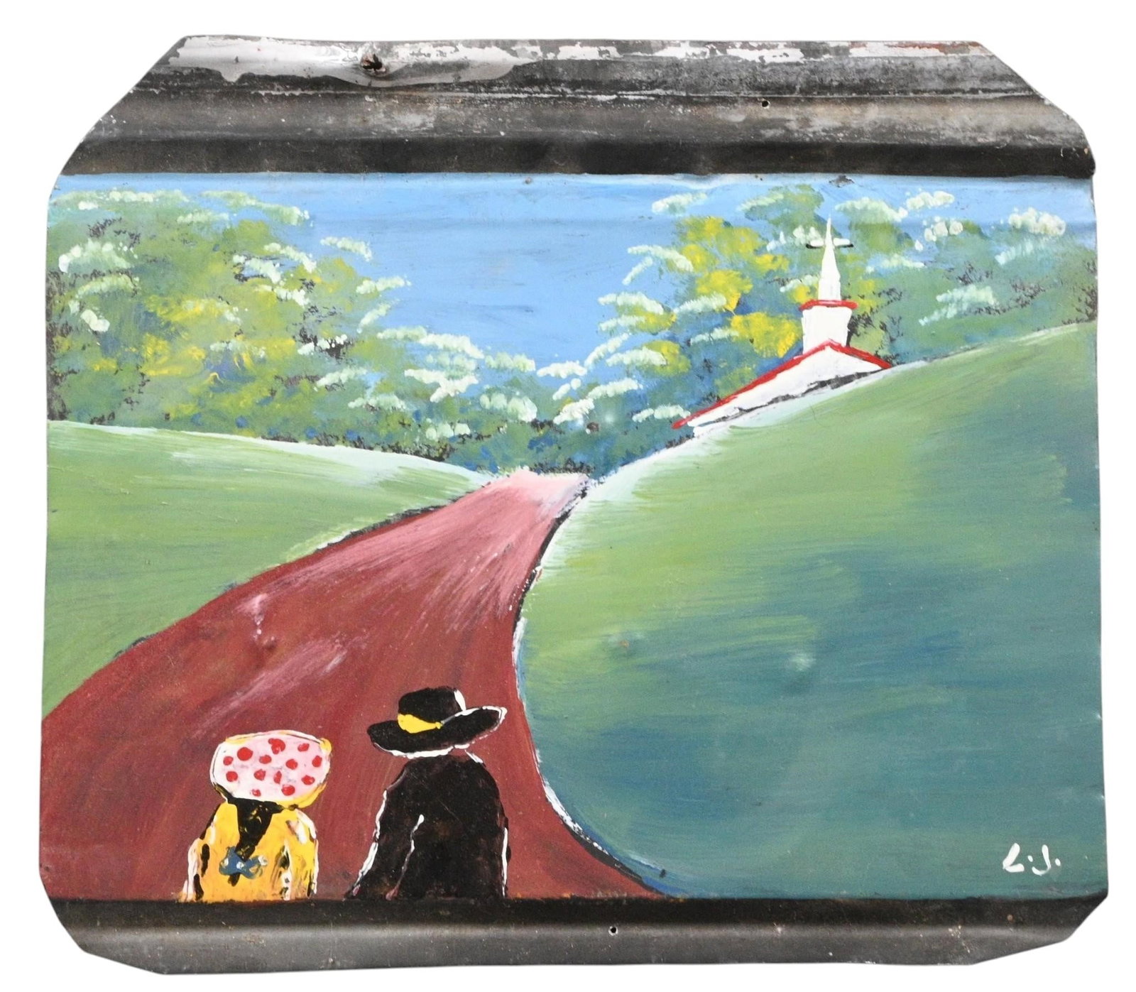 Leonard Jones. Church Painting: Leonard Jones. (b. 1955) Church Painting. Signed and Titled. Paint on roof tin. Leonard Jones paints memories of his rural childhood in Lincoln County, Georgia while staying connected to his roots