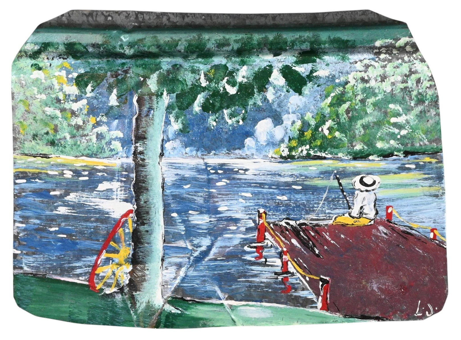 Leonard Jones. Boy Fishing From Dock Painting: Leonard Jones. (b. 1955) Boy Fishing From Dock Painting. Signed. Paint on roof tin. Leonard Jones paints memories of his rural childhood in Lincoln County, Georgia while staying connected to his
