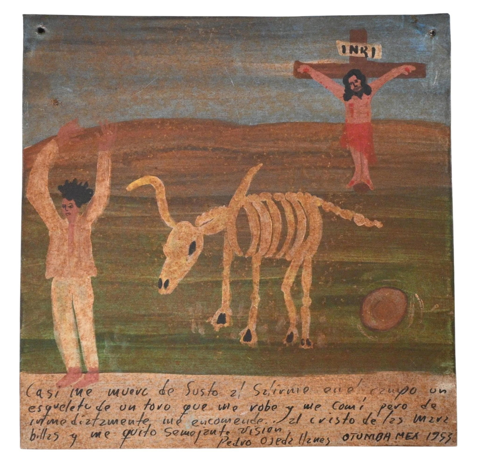 Mexican Retablo. Vision of Skeletal Bull: Mexican Retablo. Vision of Skeletal Bull. 1953. Signed and Dated. Paint on tin. Mexican folk art devotional ex-veto painting on tin. It tells the story of a man who nearly died of fright when, out in 