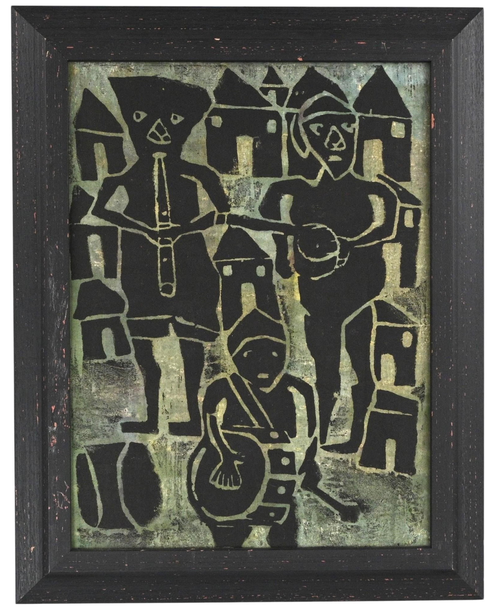 Samuel Adadayo. Gambe Musical Group. African Piece: Samuel Adadayo. Gambe Musical Group. African Piece. Signed and Titled. Mixed media or paint/ink on board/panel. Depicting stylized musicians before clustered village houses in a bold back and olive