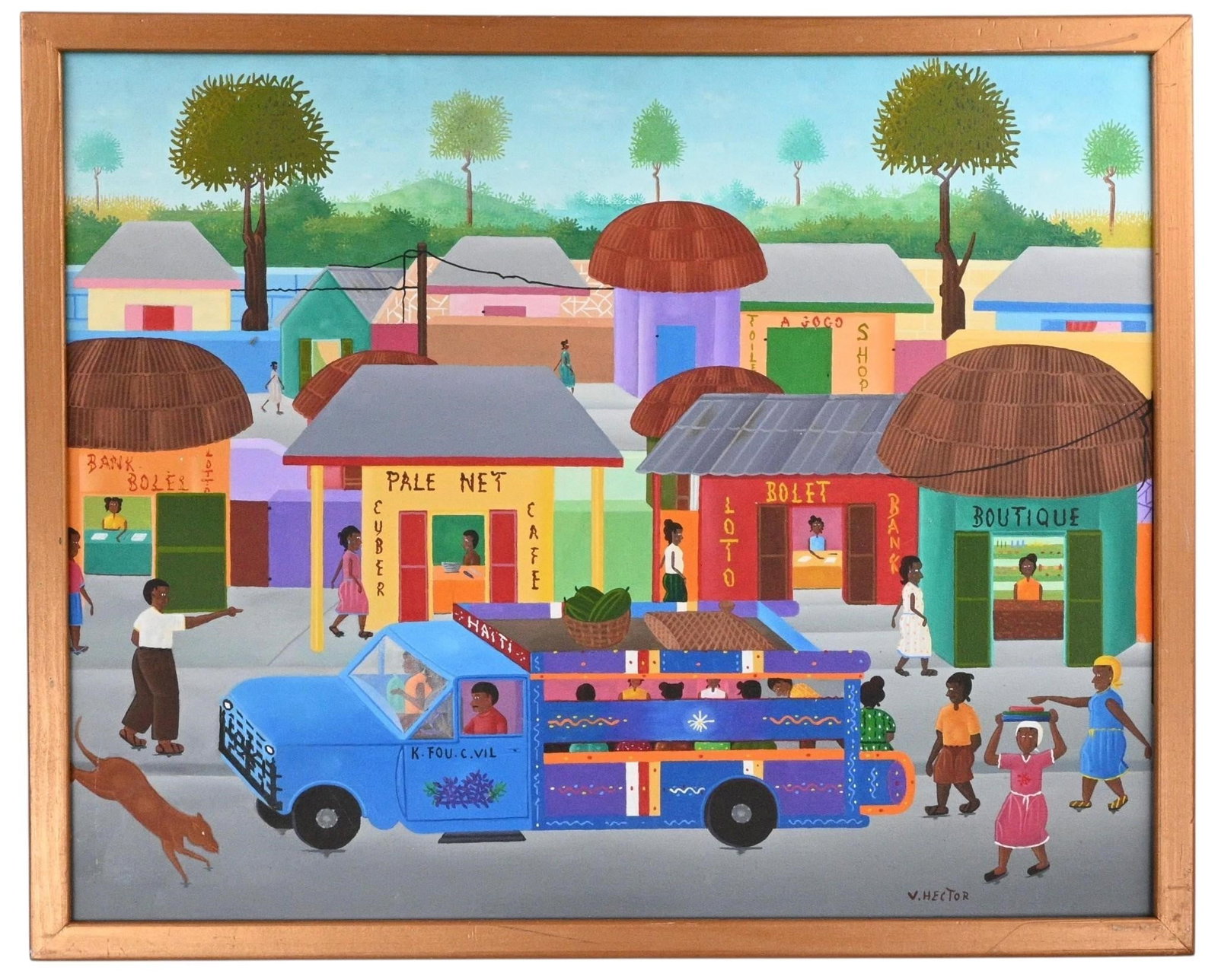Hector Voltaire. A Ride To The City. Haitian Painting: Hector Voltaire. (b. 1952) A Ride To The City. Haitian Painting. Signed. Oil painting on canvas. Prominent contemporary Haitian folk artist. Good condition. Light scratch at bottom left corner. Same
