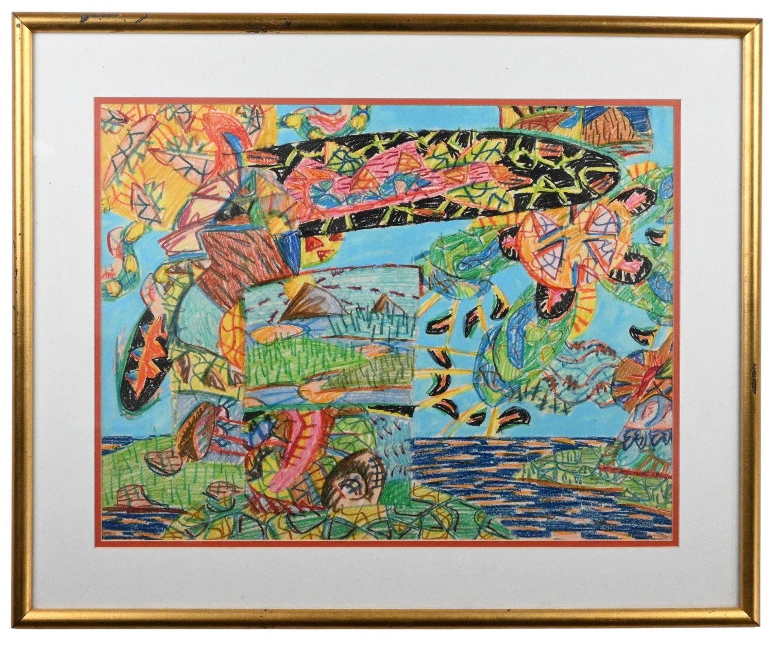 Harry Zmijewski. Fantasy Landscape with Turtle & Fish: Harry Zmijewski. (1950-2020) Fantasy Landscape with Turtle & Fish. Not signed. Zmijewski rarely signed his work. Oil pastel on paper. A densely layered composition populated with stylized turtles,
