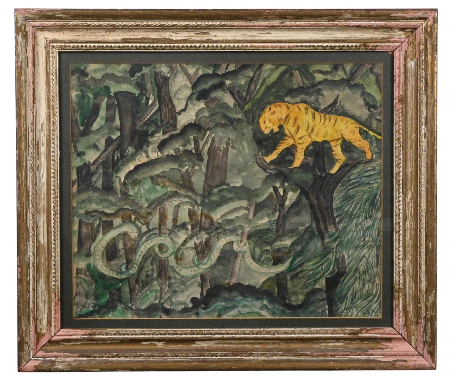 1945 Folk Art Tiger and Serpent Jungle Watercolor: 1945 Folk Art Tiger and Serpent Jungle Watercolor. Signed in lower right hand corner and dated on paper remnant on back. Ink and watercolor on paper. Unusual American folk art watercolor depicting a v