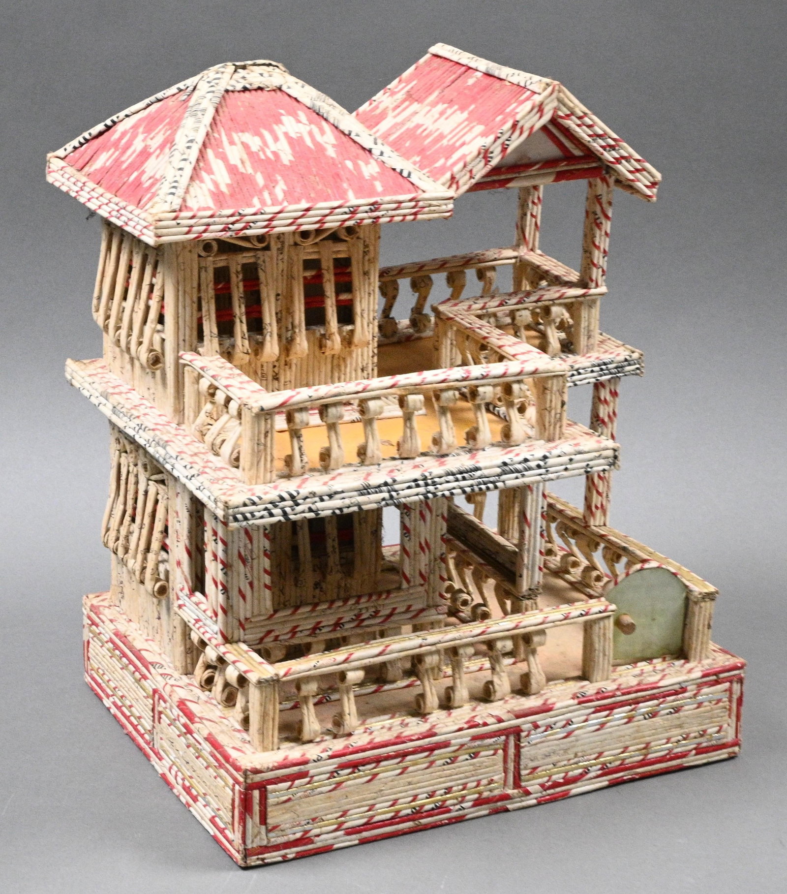 Rolled Paper Folk Art House (Possibly Prison Art): Rolled Paper Folk Art House (Possibly Prison Art). Constructed from tightly rolled recycled paper including Marlboro cigarette packaging and printed religious literature. The meticulous craftsmanship
