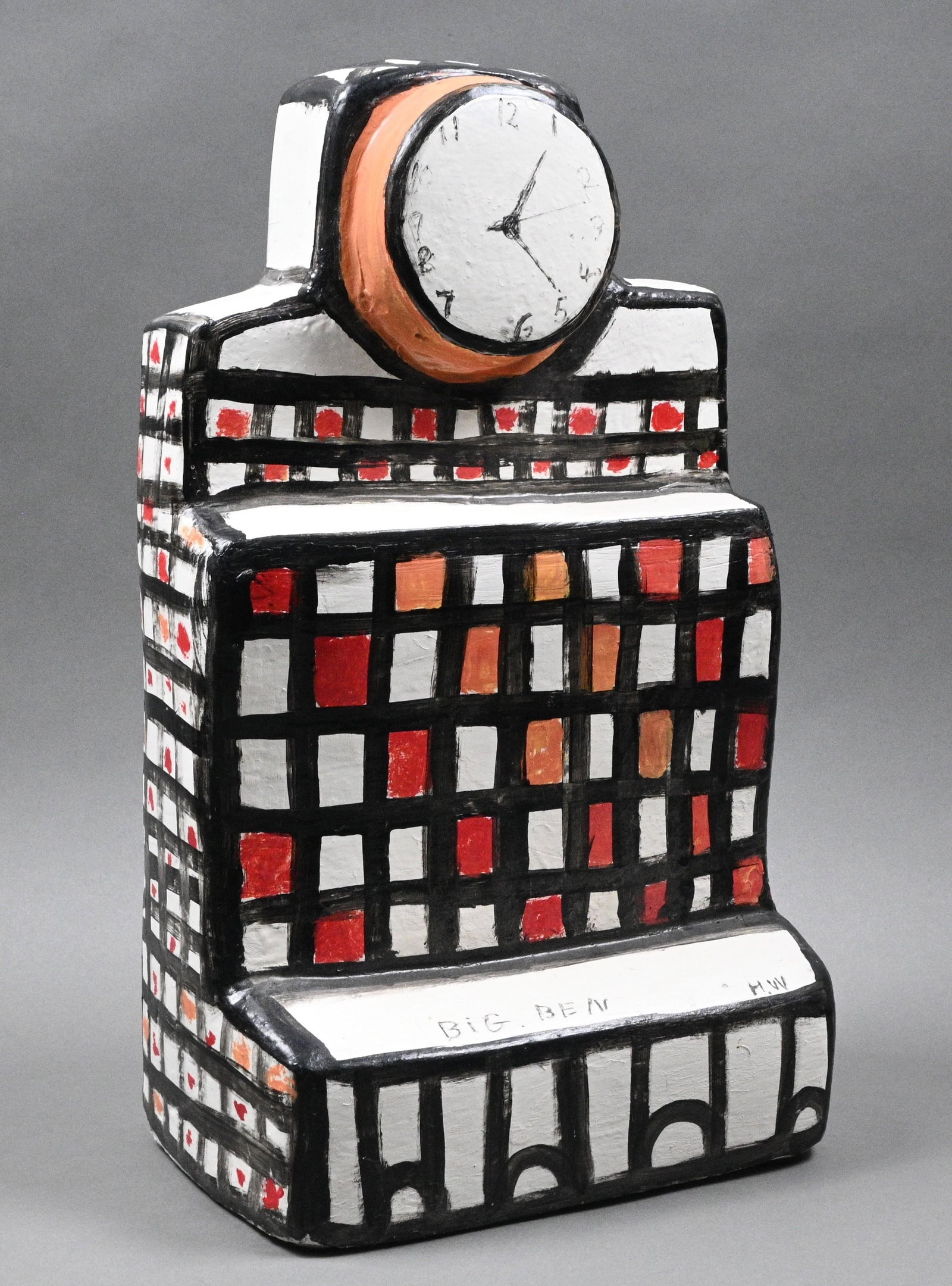 Hubert Walters. Big Ben Clock: Hubert Walters. (1931-2008) Big Ben Clock. Initialed and Titled. Bondo construction with paint. Born in Jamaica, but settled in North Carolina. Hubert was a commercial fisherman and boat builder while