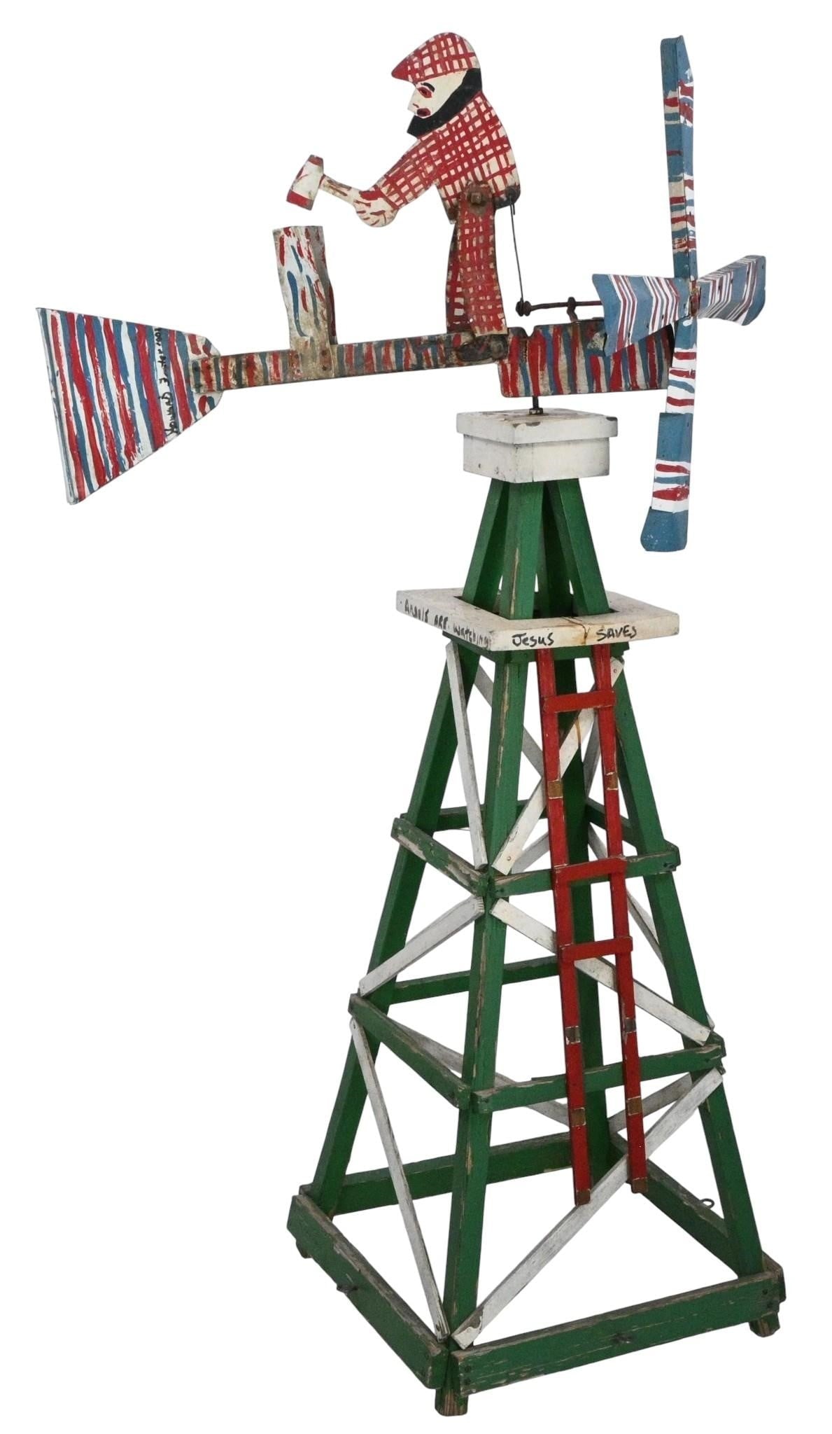 Howard Finster (attrib). Man Chopping Wood Whirligig #1,002: Howard Finster (attrib). (1916-2001) Man Chopping Wood Whirligig #1,002. Signed and Numbered. Mixed media. We can not verify that this is actually a Howard Finster piece. Paradise Garden has never