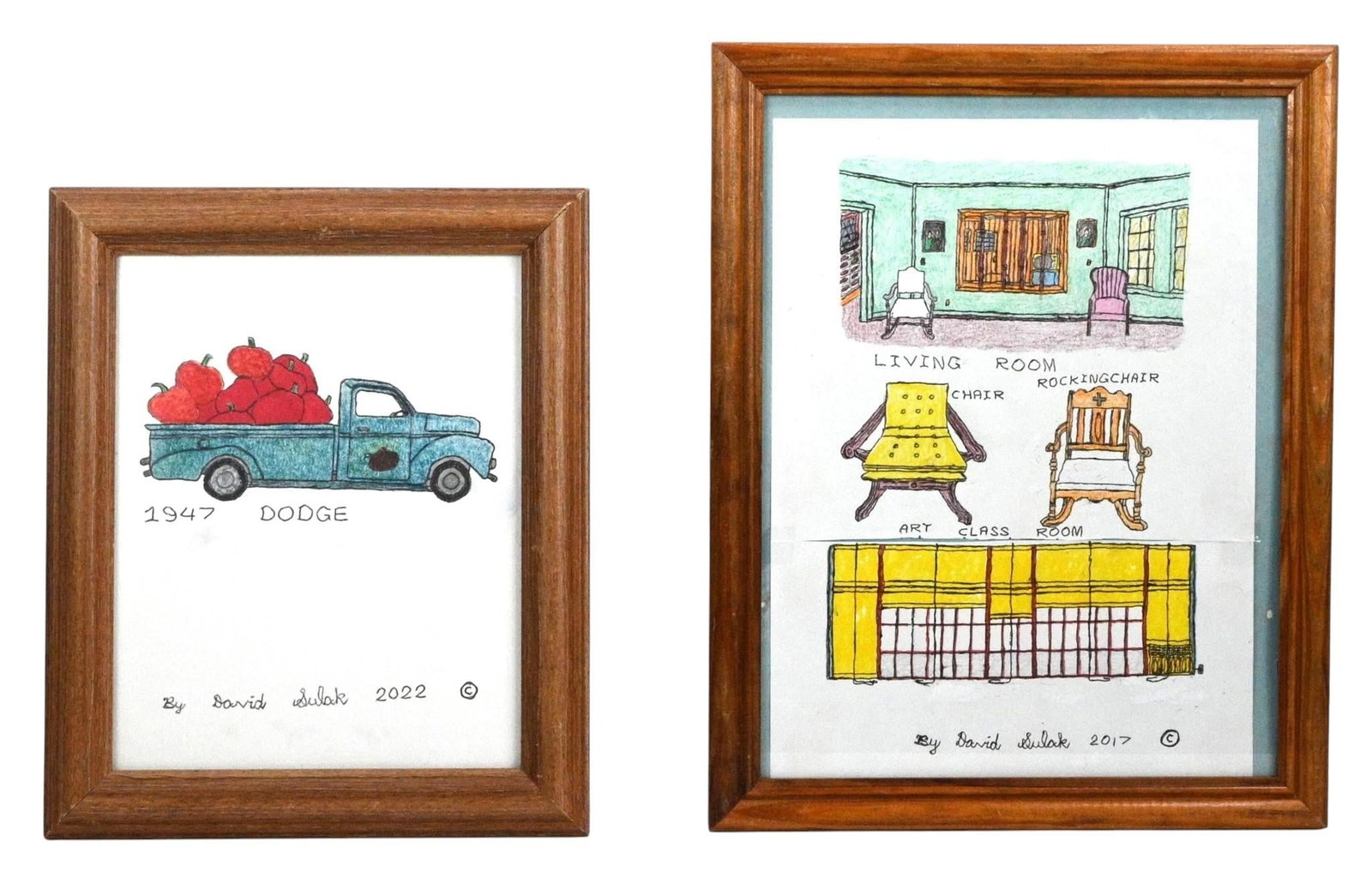 David Sulak. Pair of Drawings. Living Room and Dodge Truck: David Sulak. (b. 1967) Pair of Drawings. Living Room and Dodge Truck. 2017 & 2022. Signed and Dated. Ink and crayon on paper. David Sulak is a multi-disciplinary artist who lives and works in Louise, 