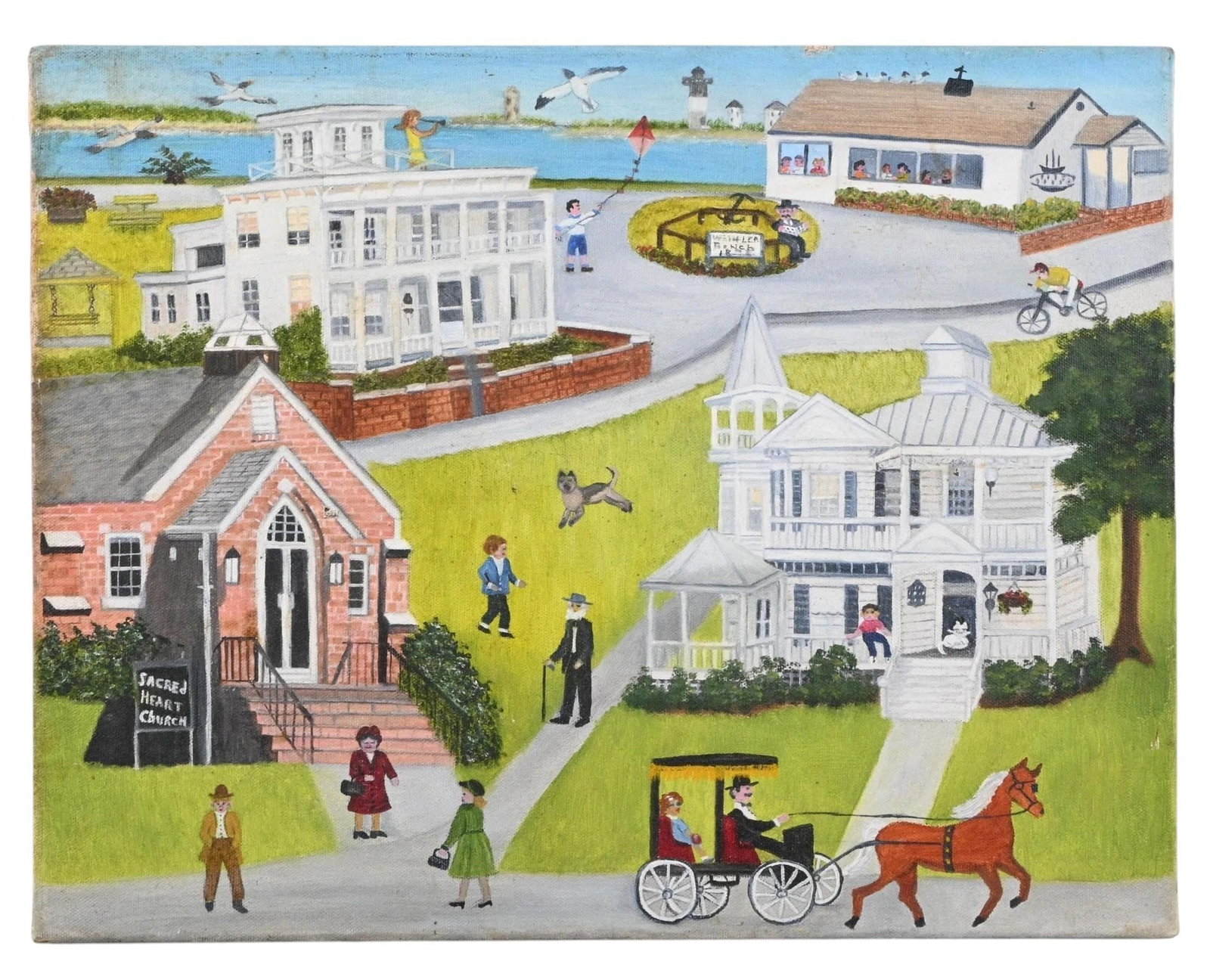 American Folk Art Coastal Village Scene Painting (1 of 7)