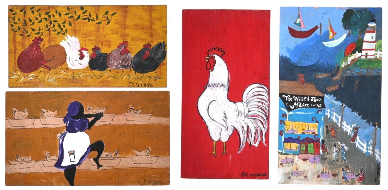 Christina Dawn Smith. Two Double Sided Folk Art Paintings: Christina Dawn Smith. Two Double Sided Folk Art Paintings. 2006. Signed and Dated. Paint on wood panel. Hens with a rooster on the back. Nesting hens with The Wine & Jazz Place on back. Good condition