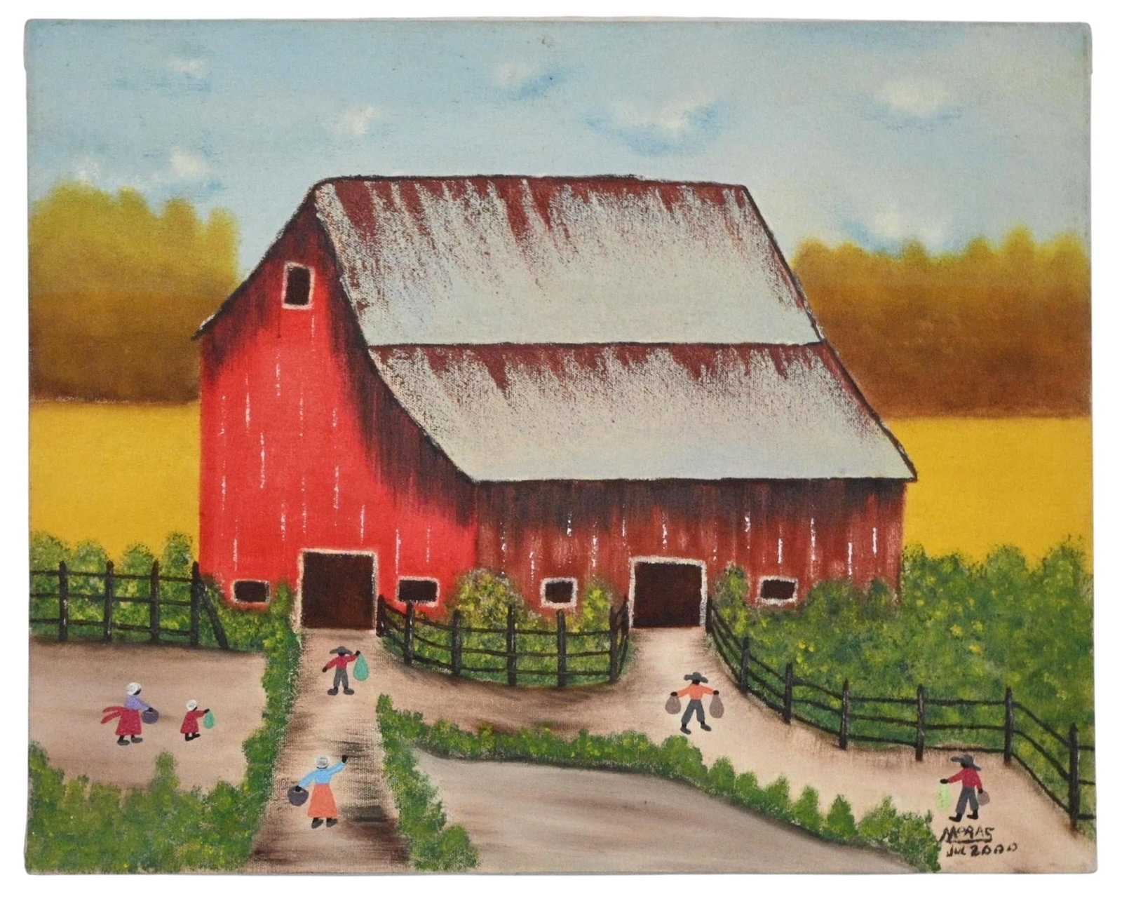 Moras. Red Barn Harvest Scene: Moras. Red Barn Harvest Scene. 2000. Signed and Dated. Oil on canvas. Good condition. Size: 16" H x 20" W. Provenance: Private Georgia Collection (30+ years). Est. $100 - $300. Ship: In-House Ship
