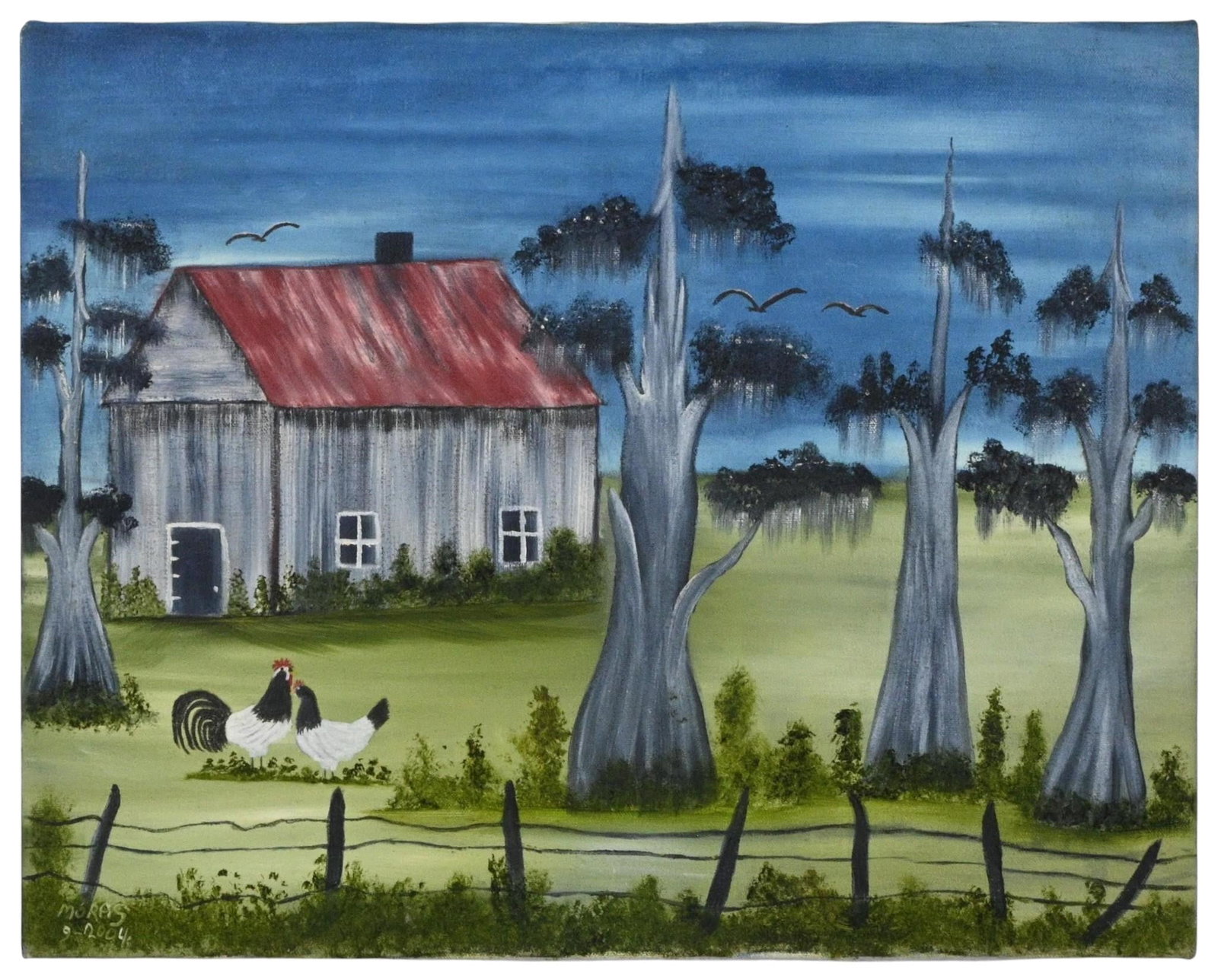 Moras. Cypress Homestead with Chickens: Moras. Cypress Homestead with Chickens. 2004. Signed and Dated. Oil on canvas. Good condition. Size: 16" H x 20" W. Provenance: Private Georgia Collection (30+ years). Est. $100 - $300. Ship: In-H