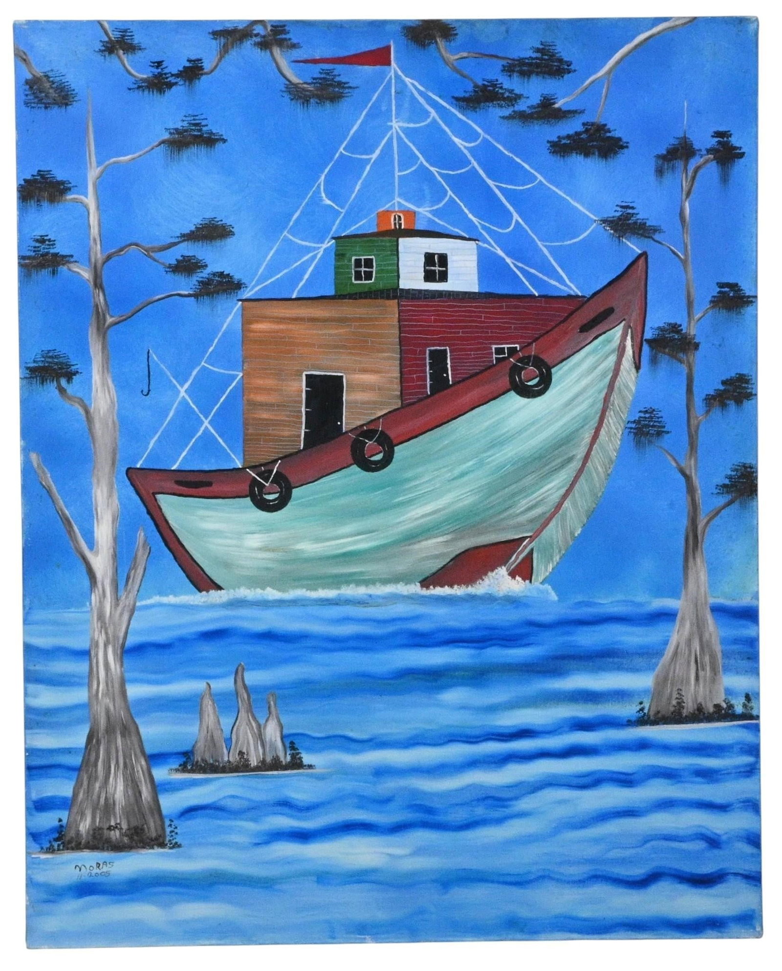 Moras. Bayou Fishing Boat: Moras. Bayou Fishing Boat. 2005. Signed and Dated. Oil on canvas. Good condition. Size: 30" H x 24" W. Provenance: Private Georgia Collection (30+ years). Est. $100 - $200. Ship: In-House Shipping