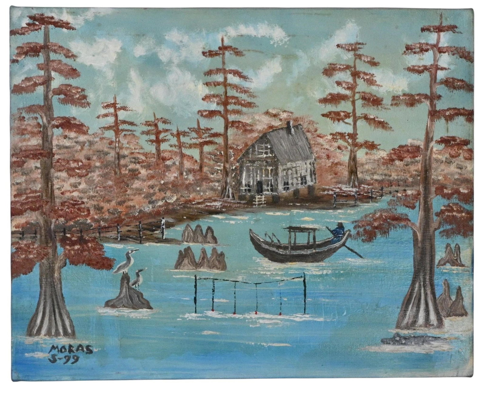 Moras. Bayou Fisherman: Moras. Bayou Fisherman. 1999. Signed and Dated. Oil on canvas. Fair condition. Discolored varnish. Size: 16" H x 20" W. Provenance: Private Georgia Collection (30+ years). Est. $50 - $100. Ship:
