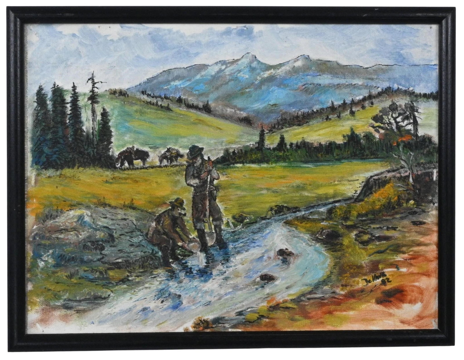 Jerry DeVane. Mountain Stream Landscape: Jerry DeVane. Mountain Stream Landscape. 1982. Signed and Dated. Oil on loose canvas. DeVane lived in the Fort Pierce/White City area and worked for the Fort Pierce Police Department for 27 years,