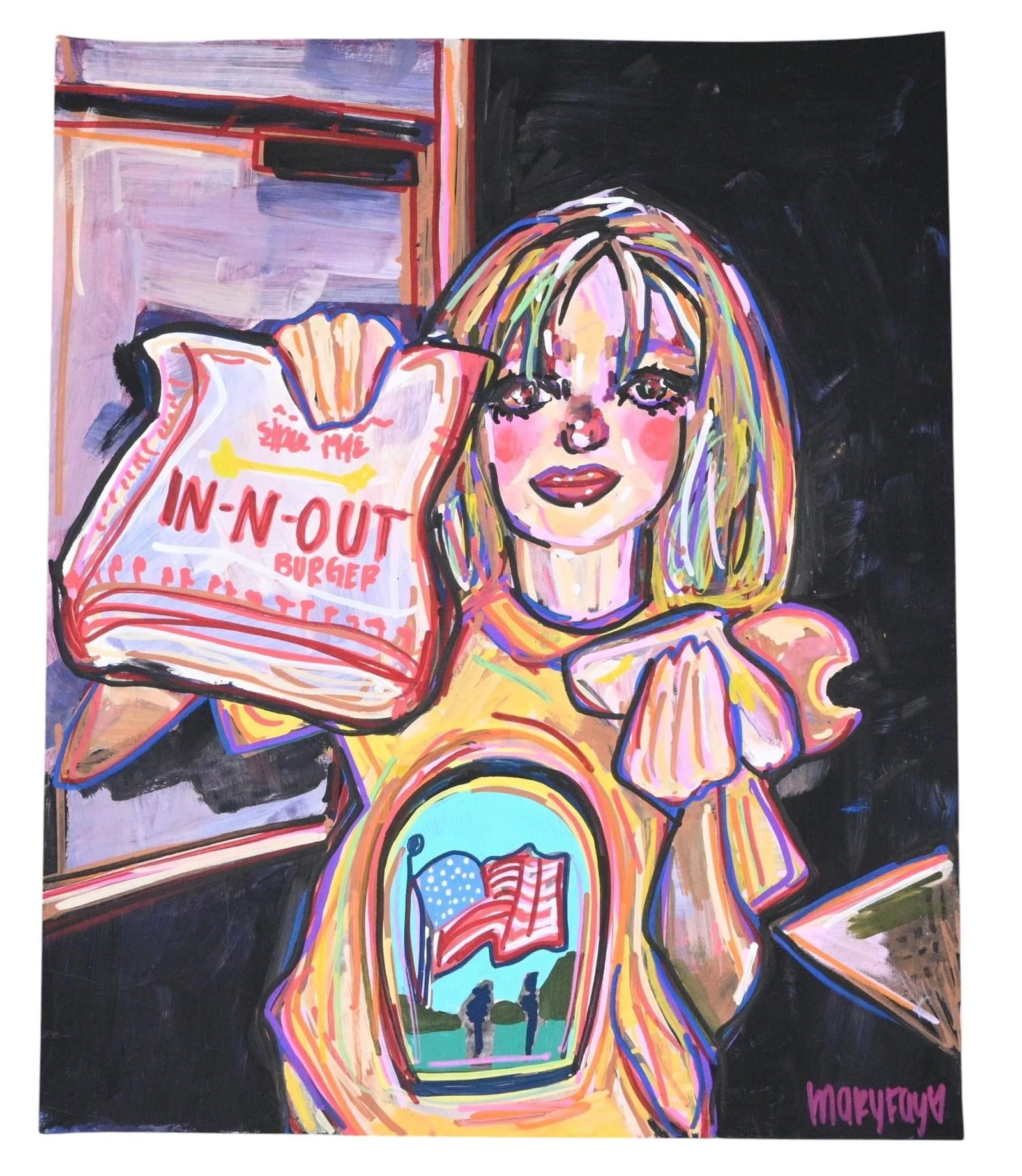 Mary Fay. In-N-OUT Girl Painting: Mary Fay. In-N-OUT Girl Painting. Signed. Acrylic on heavy paper. Colorful contemporary acrylic painting depicting a stylized female figure holding an In-N-Out Burger bag. Mary tells a story of going