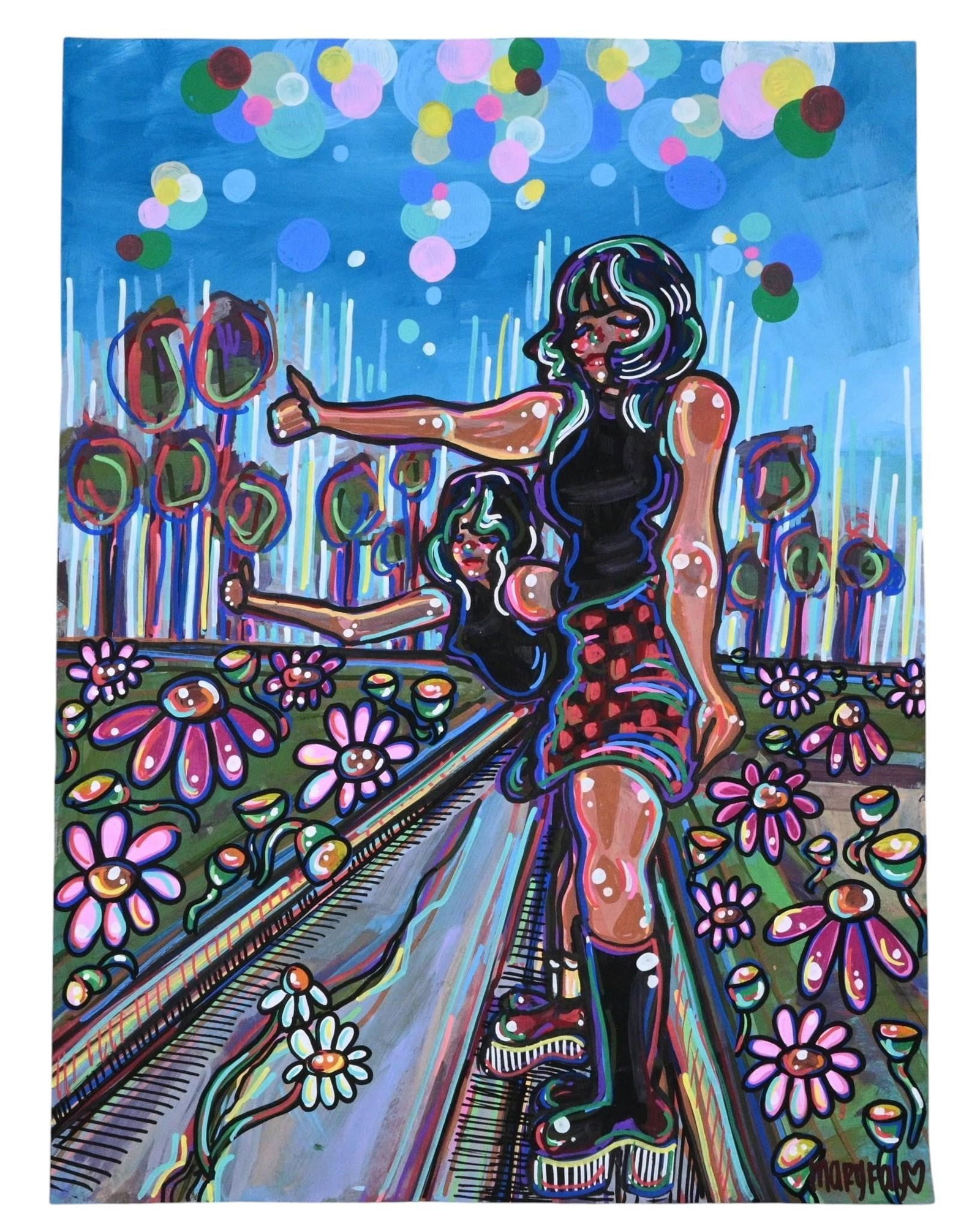 Mary Fay. Hitchhiking Painting: Mary Fay. Hitchhiking Painting. Signed. Acrylic on heavy paper. Bold contemporary acrylic painting depicting a pair of stylized female figures giving a thumbs up while walking along a country road