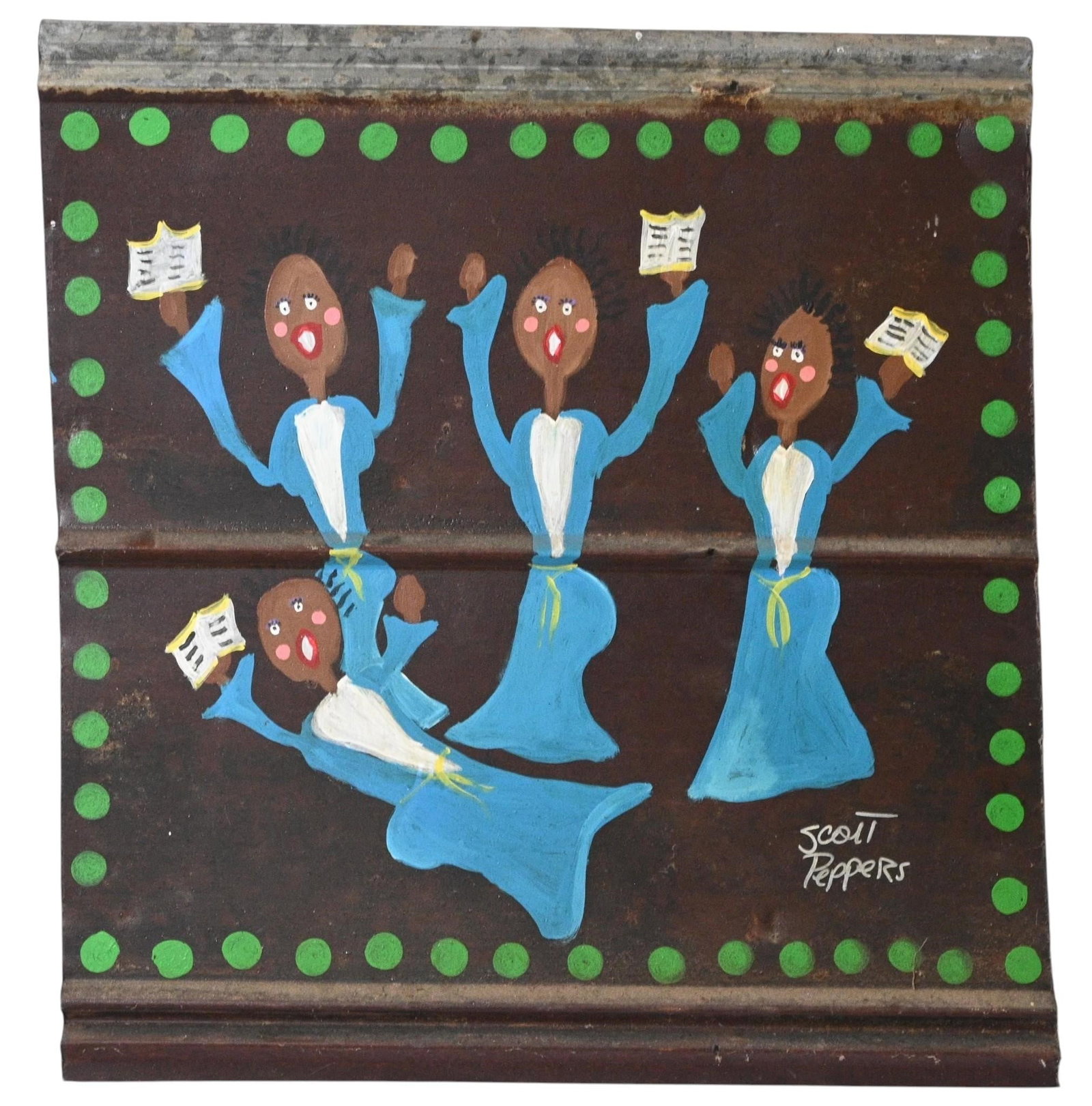 Scott Peppers. Singing Choir on Tin: Scott Peppers. Singing Choir on Tin. Signed. Paint on weathered roofing tin. Excellent condition. Size: 26.5" H x 25" W. Provenance: Direct from Scott Peppers Let's help support living artists. Est.