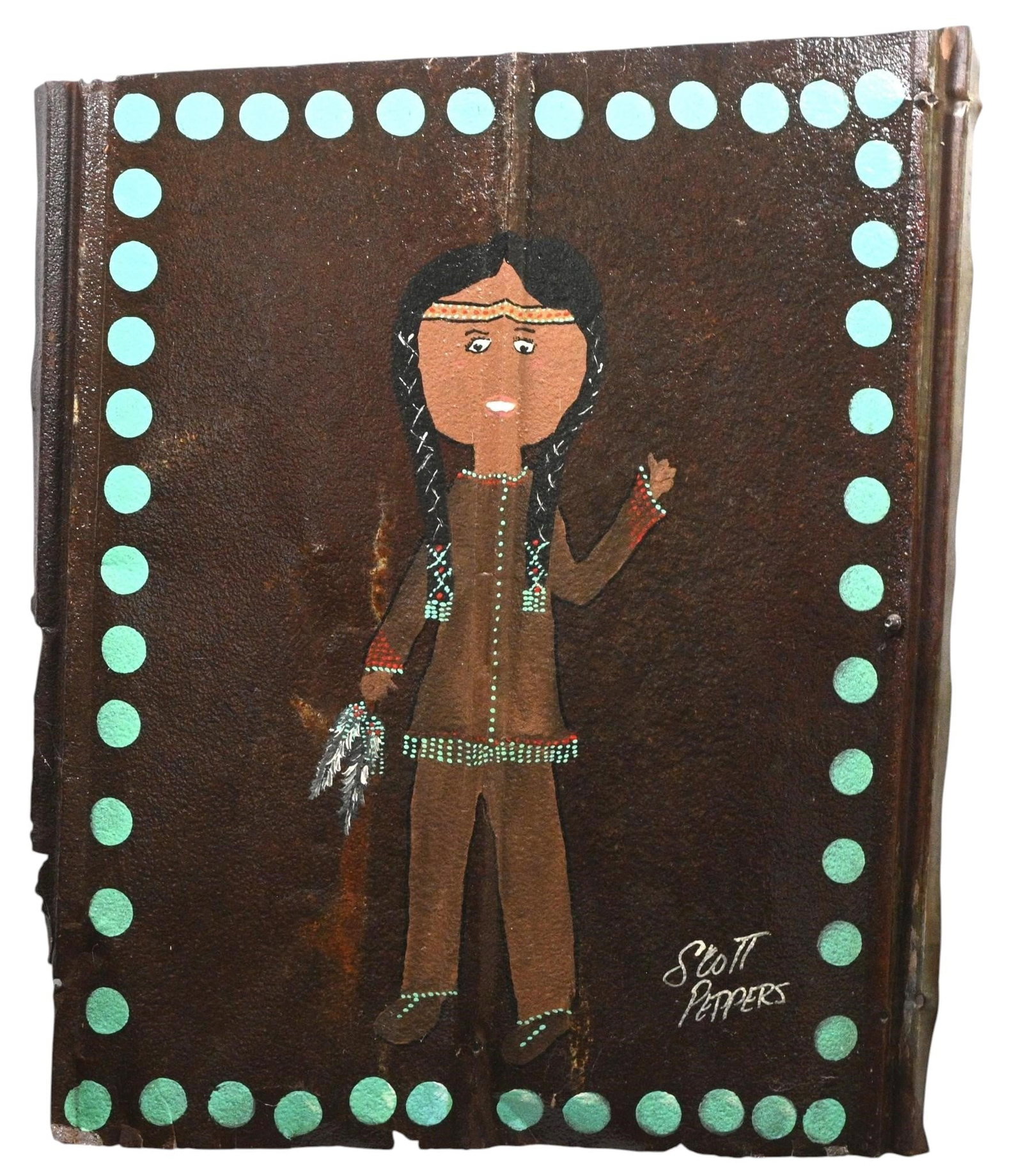 Scott Peppers. Native American Girl: Scott Peppers. Native American Girl. Signed. Paint on weathered roofing tin. Excellent condition. Size: 32.25" H x 26.25" W. Provenance: Direct from Scott Peppers Let's help support living artists.