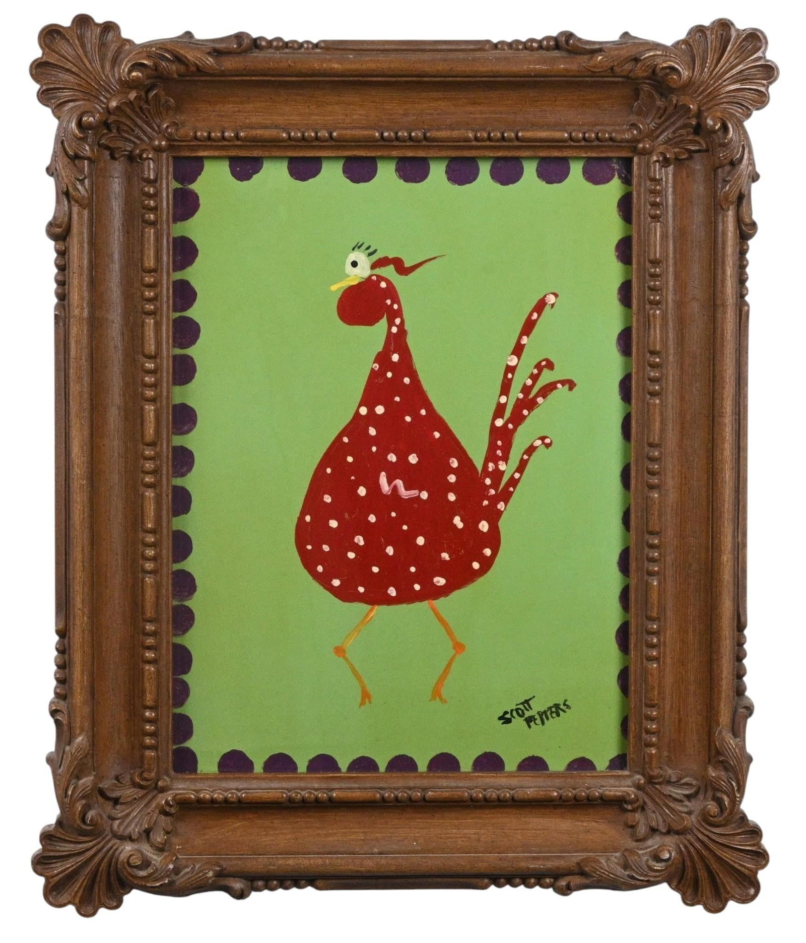 Scott Peppers. Bow Legged Polka Dotted Rooster: Scott Peppers. Bow Legged Polka Dotted Rooster. Signed. Pain on masonite board. Framed behind glass. Excellent condition. Size: 17" H x 13" W. Size with Frame: 22.25" H x 18.5" W. Provenance: Direct