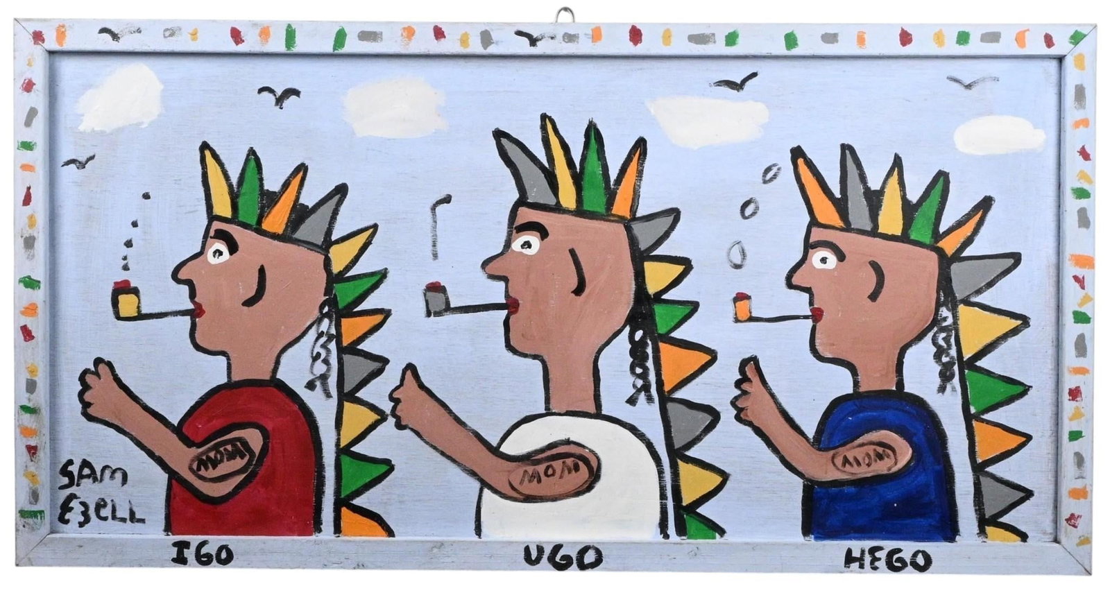 Sam Ezell. IGO UGO HEGO Painting: Sam Ezell. IGO UGO HEGO Painting. Signed. Paint on wood. Artist made frame. Good condition. Some surface grim. Size with Frame: 25" H x 48.75" W. Provenance: From the collection of Scott Peppers.