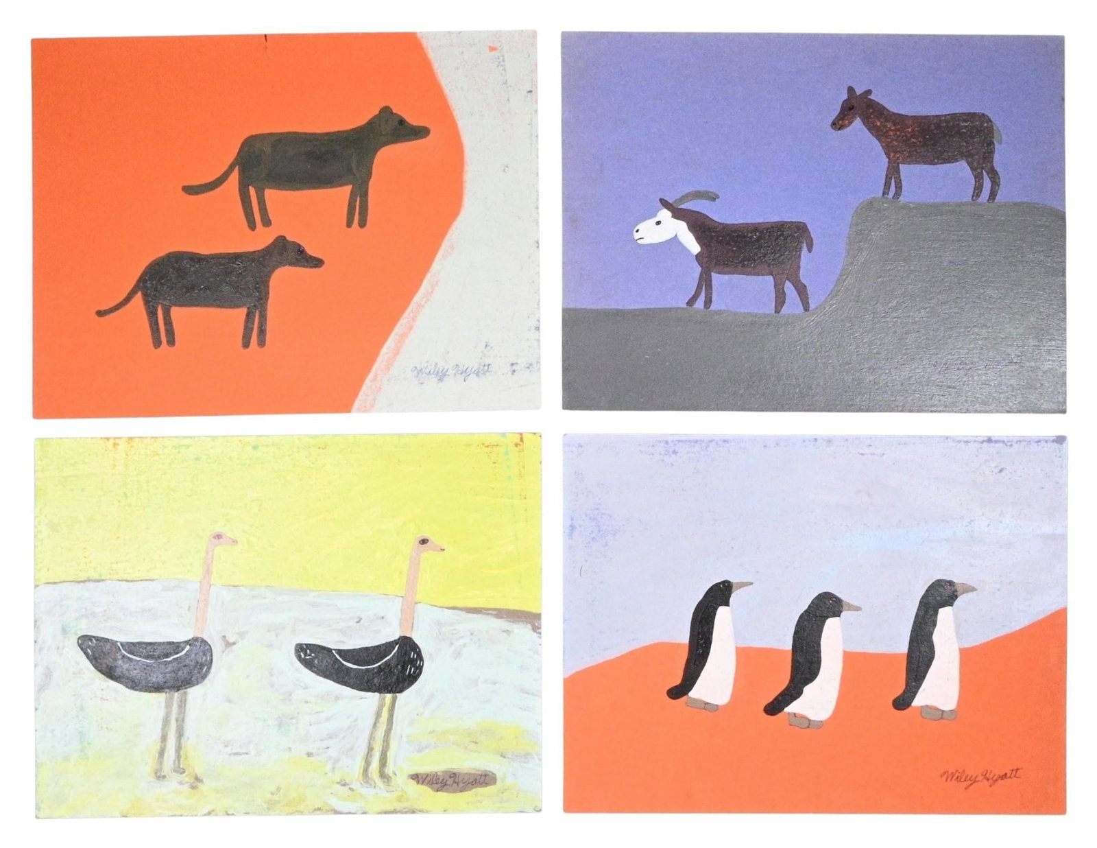 Wiley Hyatt. 4 Animal Paintings: Wiley Hyatt. 4 Animal Paintings. Signed. Paint on colored construction paper. Simple paintings of animals: Dogs, Goats, Ostriches, and Penguins. Fair Condition. Some fading of colored paper and