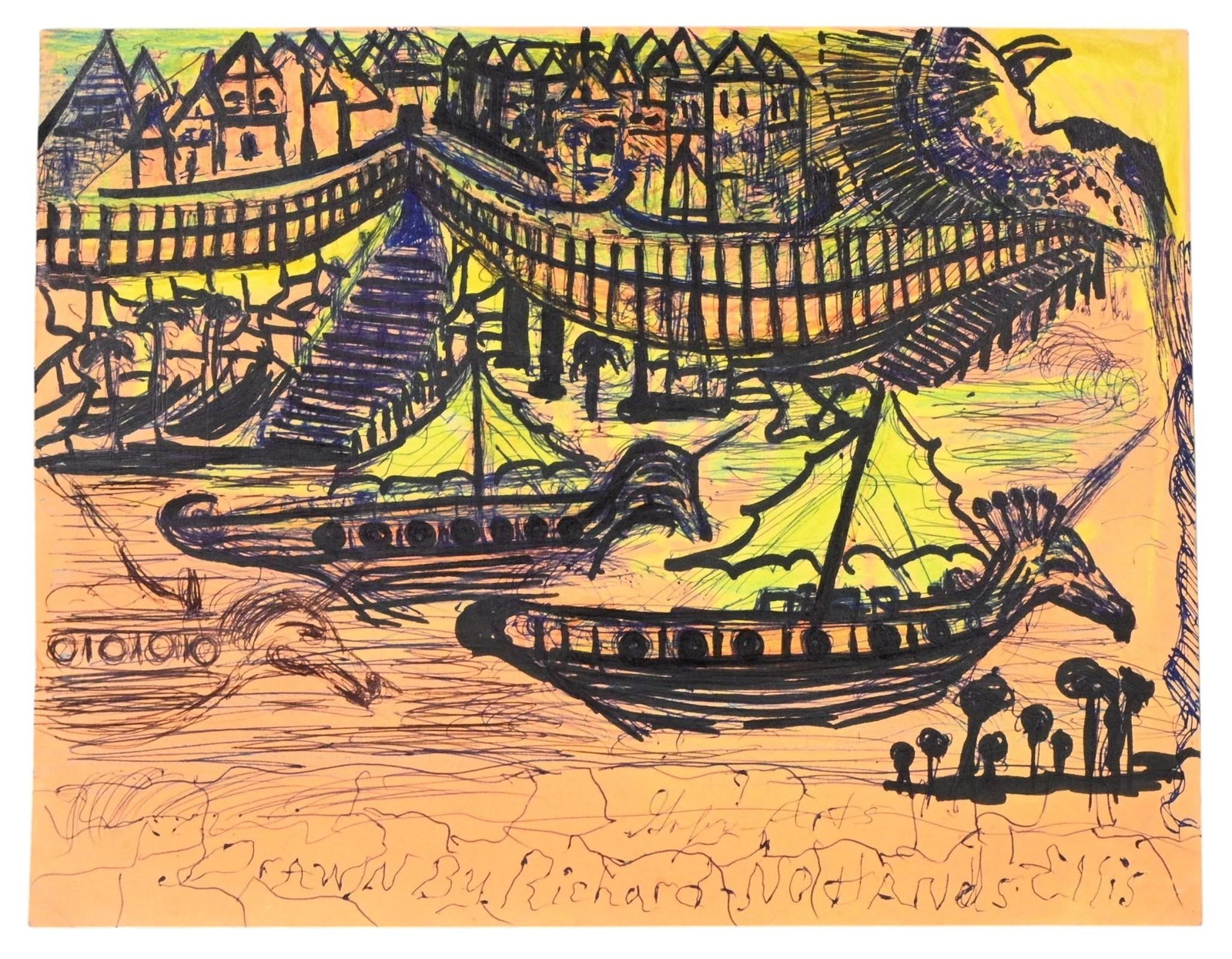 Richard "No Hands" Ellis. Mystical Ships & Village Drawing: Richard "No Hands" Ellis. Mystical Ships & Village Drawing. Signed. Ink and marker on colored paper. Richard "No Hands" Ellis is an expressionist pen and ink artist from Hemet, California, who